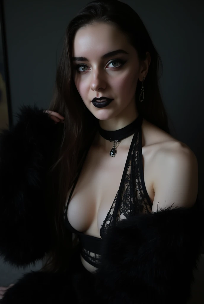 (best quality, hyperdetailed photography:1.2), beautiful european lady, ((dark black lipstick)), freckles, gothic makeup, soft light, skinny figure, head and breast portrait, cover, (detailed beautiful face, detail skin texture, ultra-detailed body:1.1) sexy vampire women, full body