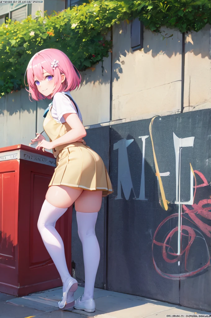 (masterpiece, best quality),huge breasts,solo,(girl:1.2),20yo,tall,bob cut,blunt bangs,pink hair,BREAK,blue eyes,BREAK,white turtleneck,tight mini skirt,(contrapposto:1.2),hand on hair,narrow waist,high heels,(long legs:1.2),(from behind:1.2),flower garden background --auto --s2