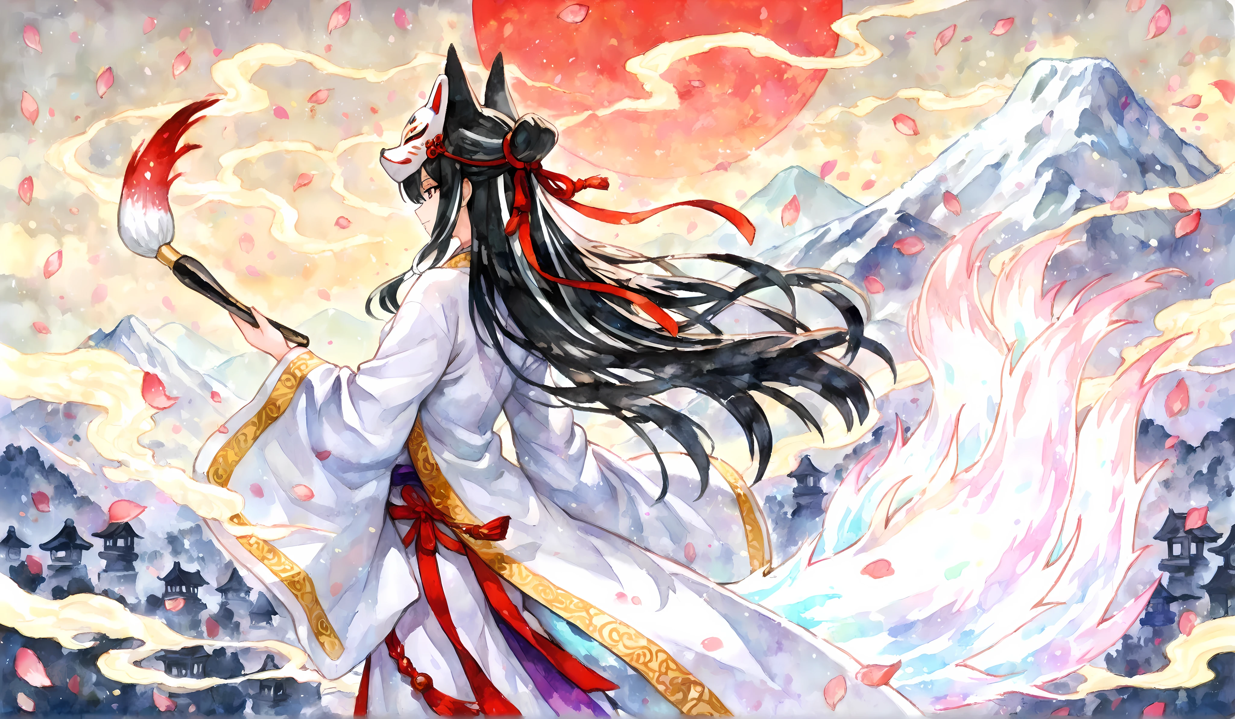 masterpiece, ultra quality, ancient Chinese mythology style, fox goddess spirit, thousand years old, divine presence, ink brush linework with subtle watercolour shading, soft expression, long black hair with silver streaks, celestial robes, fox mask on side of head, glowing tails fading into mist, mountain shrine background, fog and falling petals, timeless aura, by Heikala and Ruan Jia
