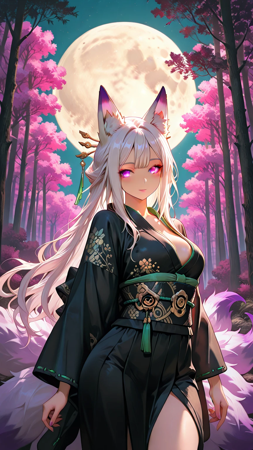 Masterpiece, top quality, best image, high detail, high resolution, atnr. A vibrant anime-style portrait of a stunning,  female fox spirit with long flowing hair, white hair, adorned with nine shimmering tails and fox ears, wearing a tattered ethereal black kimono that reveals her curves, her pose alluring yet mysterious as she casts a protective glow while a shadowy figure lurks behind, her eyes glowing with a mix of kindness and danger. The background features an ancient forest under a full moon with faint mist, rendered with clean line art, cool colors (silvers, purples, greens), dramatic lighting, and an enigmatic, dual-natured vibe, no distortions, 16K resolution, trending on artstation.