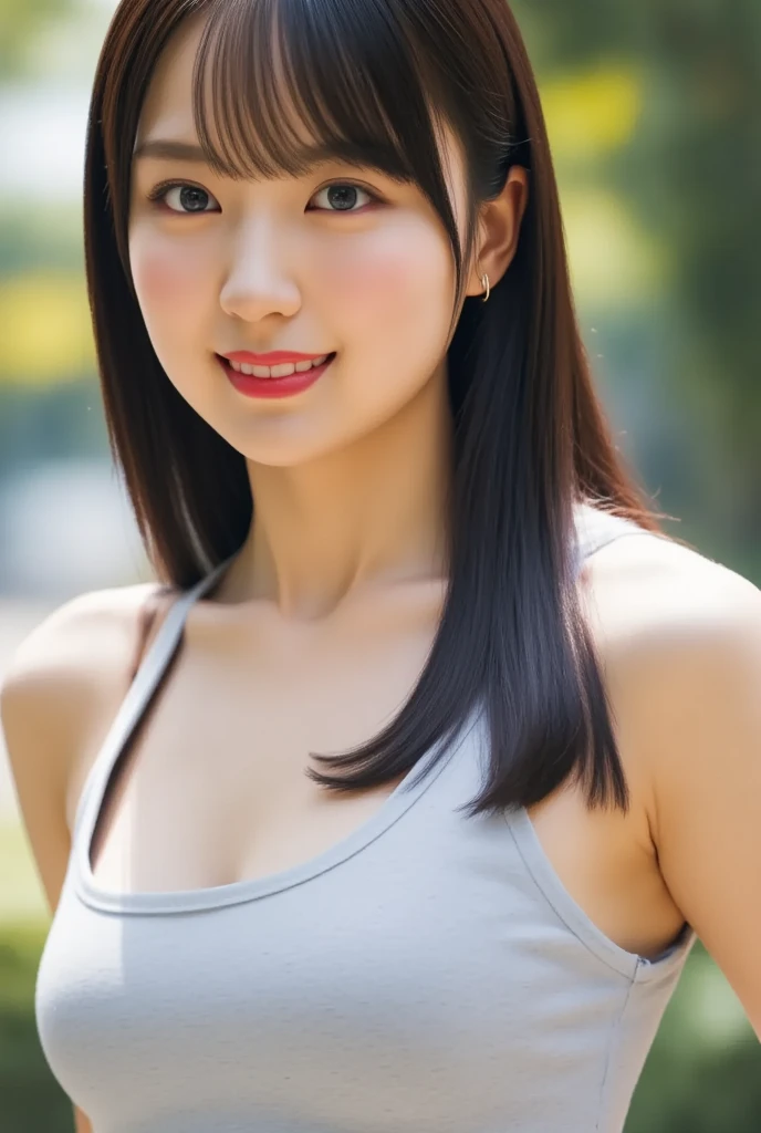 1girl, (wearing a casual tank top:1.6),(RAW photo, best quality), (realistic, photo-realistic:1.4), masterpiece, an extremely delicate and beautiful, extremely detailed, 2k wallpaper, Amazing, finely detail, extremely detailed CG unity 8k wallpaper, ultra-detailed, highres, soft light, beautiful detailed girl, extremely detailed eyes and face, beautiful detailed nose, beautiful detailed eyes,(in the park at evening:1.8),perfect anatomy,slender body,(smile:1.4),(close up:1.2),(look at viewer),(front view:2.0),cinematic angle,(wavy long hair),(brown eyes:1.7),(standing:1.4),(cleavage:0.6), (midriff-baring:0.8),<lora:aikawakanata_lora-02:0.8>