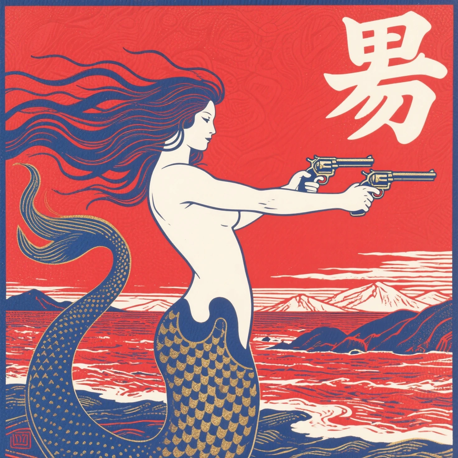 colorful japanese vintage poster of a Female Bromoil print Photoshoot of a shapely femme fatale with a katana, inspired by a mix of Genshin, tattoos, dragons, avant garde, lofi, by Bradshaw Crandell, Andrew Loomis, washed colors, atari graphics.