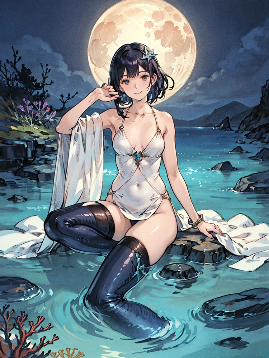 1 girl, lake scene, seat on the water, black swim suit, gold details on her clothes, solo, alone, holding a chinese fan, glasses, white flowers on focus, full moon, night, flowing hair, crystals, sparkles, long hair, swim suit, sitting on the water