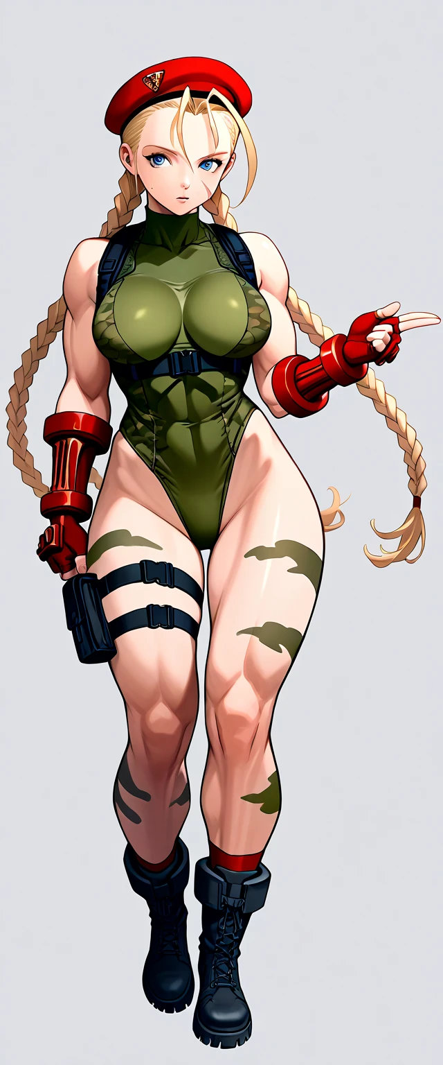 ((Masterpiece, 4k, plain background:1.2)) (handuffed behind her back)) Cammy White Street Fighter full body standing straight symmetrical, looking view from back show ass to me, (2 crossing big belt under belly button, navel, abs, garter straps belts, bra big knockers, wide hips, thick thighs legs apart, smile red cheeks, long messy hair with 2 braids, leather collar choker, high boots bootstraps with white stockings, sleeves with red gloves gauntlets, red panties)