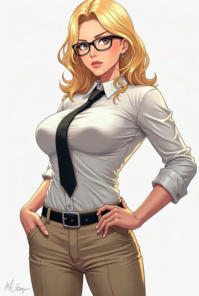 Thin woman, age 25, 4K (High definition), beautiful smiling, seducing gaze, teacher wearing a white social shirt (of buttons) with V-neck and long sleeves, brown belt with a black social skirt, Caucasian skin, round glasses, blonde hair with ponytail, standing, curvy with freckles and little beads of sweat running down her forehead and chest. marvel style, white background.