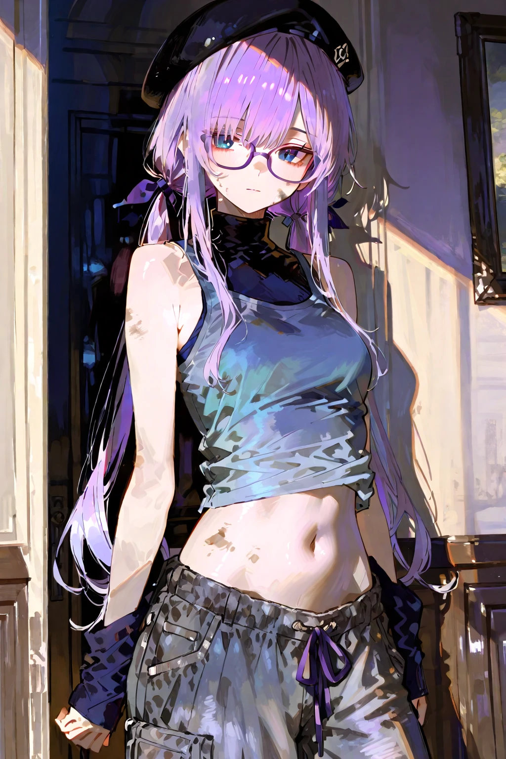 (highest quality:1.2, Very detailed, up to date, Vibrant, Ultra-high resolution, High Contrast, masterpiece:1.2, highest quality, Best aesthetics), Portraiture、girl、25-years-old, Bright colors、Beautiful fine details、Beautiful lip detail、long hair、black and purple ((streaked hair:1.6)), highlights hair: 1.5, rbrown eyes, glasses, cross earrings, ((slim body:1.4)), (small breast:1.5), standing, black loose blouse, mini skirt, inside building、Cowboy shot,
