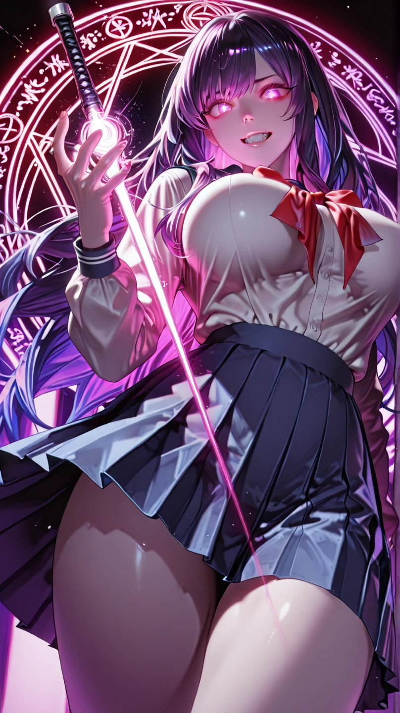 (Highest quality:1.2),One Girl,alone,Are standing_Split,ox，Magical Girl Clothes，boots，Purple eyes,Long Hair,Black Hair,bangs，Hair between the eyes,Pixelated Background,Neon Light,Sci-Fi Color Scheme,Vibrant colors,Metallic texture,Detailed shading,Holographic interface,Dark atmosphere,High Contrast,Sharp focus,Twigs of hair,Reflective surface,Exquisite detail,High resolution,Studio Lighting,Red accents,Illuminated surroundings,Artificial Intelligence Assistant