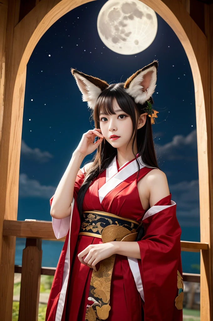 a young woman (larged-size-chest) cosplaying. She has large, fluffy brown and white fox ears, and her hair is short, brown with hints of red, and styled in a slightly messy way that frames her face. Her eyes green color. She wears an intricate costume featuring a mix of red, white, and brown, with golden accents and ornate patterns. The top part of her outfit exposes her shoulders, and a red ribbon ties around her neck. She holds a fan or similar object in her hand, which is partially obscured by her costume. The background consists of a traditional wooden room with large windows, soft lighting, and some decorative elements like wooden furniture and plants. The overall atmosphere is warm