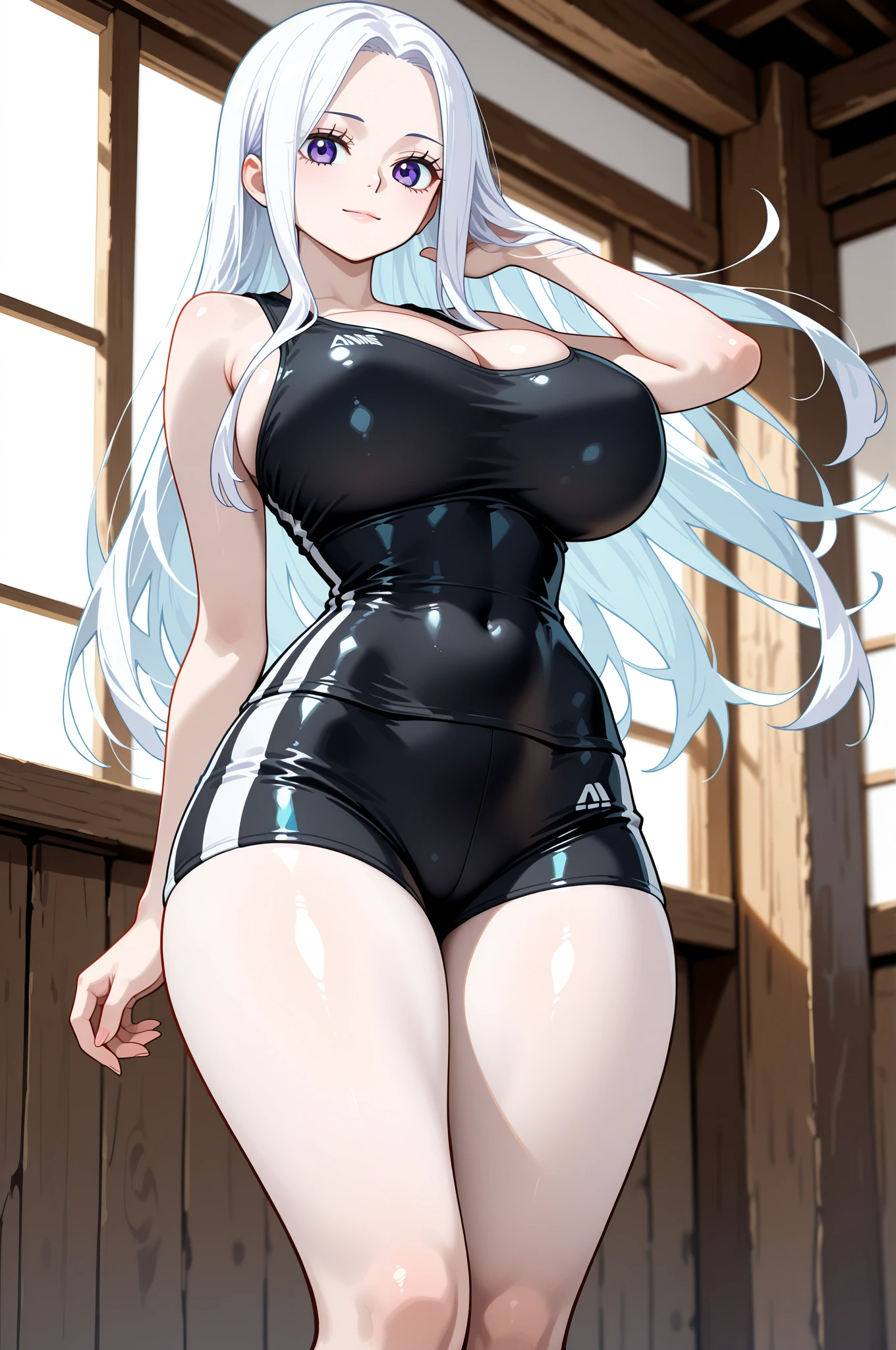 masterpiece, best quality, absurdres, perfect anatomy, 1girl, solo, fair skin, silver hair, long hair, wavy hair, bangs, red eyes, white dress, see-through dress, black panties, black stockings, large breast, cleavage, bra showing, business office, smile, closed mouth, hands on hips, camel toe, contrapposto, looking at viewer