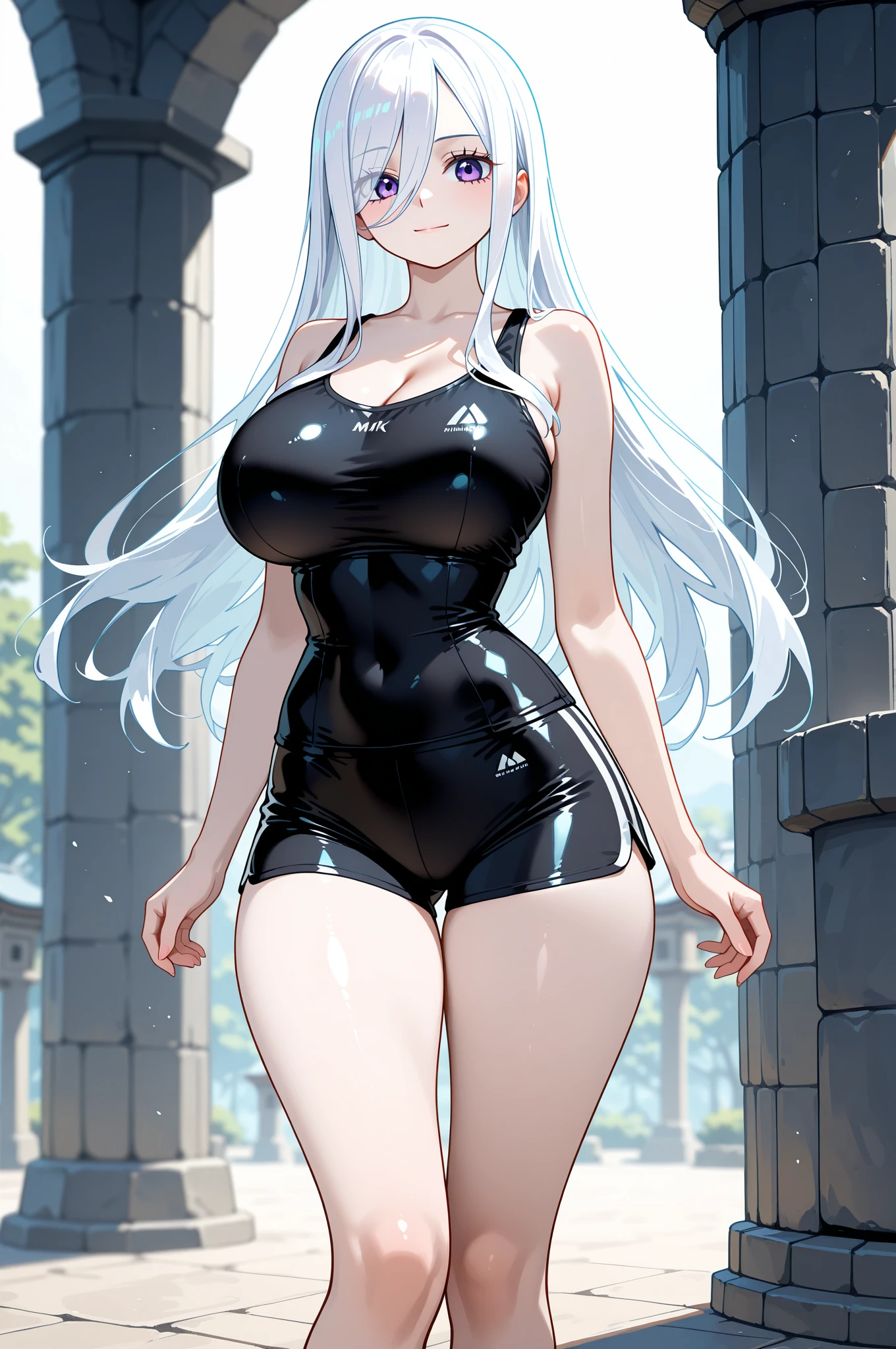 best quality, ancient ruins, desperate, full body shot, dark fantasy、One Girl、White Hair、Long Hair、黒いleotard、healthy、Normal breasts、Large Breasts、Anime illustration、leotard、(leotard:1.3)、(ハイレグleotard:1.3)