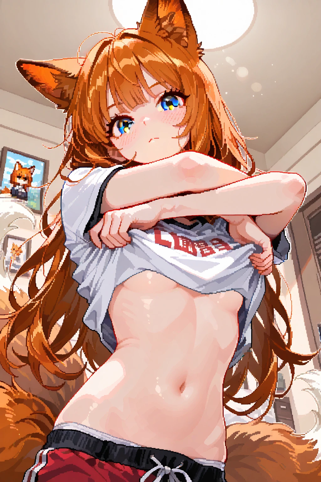 Silence Suzuka, (masterpiece, best quality:1.2), (high resolution, 8K RAW photo, photo realistics, clear focus, weak outline:1.3), (cinematic lighting, moody image atmosphere, textile shading), pov, solo, ((nfsw:1.5, fuge breast:1.3, breast cleavage, harass sexually, in heat, presenting)), ((beautiful eyes with highlight:1.3)), (looking at viewers), raised sexy, (orange hair), long hair, asymmetric hair, half updo hair, ((twintails hairstyle)) , ((green eyes eyes)), bokeh , tight focus, (correct anatomy:1.6, ideal ratio of body proportions), ((horse ears on head)),, ((blushes)), ((naked body, no clothes)), ((chain leash on neck)), (horse tail), ((hands in handcuffs)), ((raises her hands above her head)) ,(in bedroom), (squatting cowgirl on body), (beautiful skin), (seductive smile),