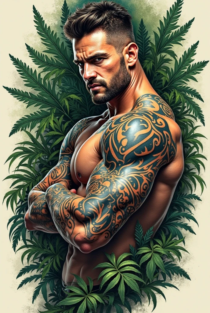 A muscular man, puffed chest and shirtless, green tattoos.he is sigima