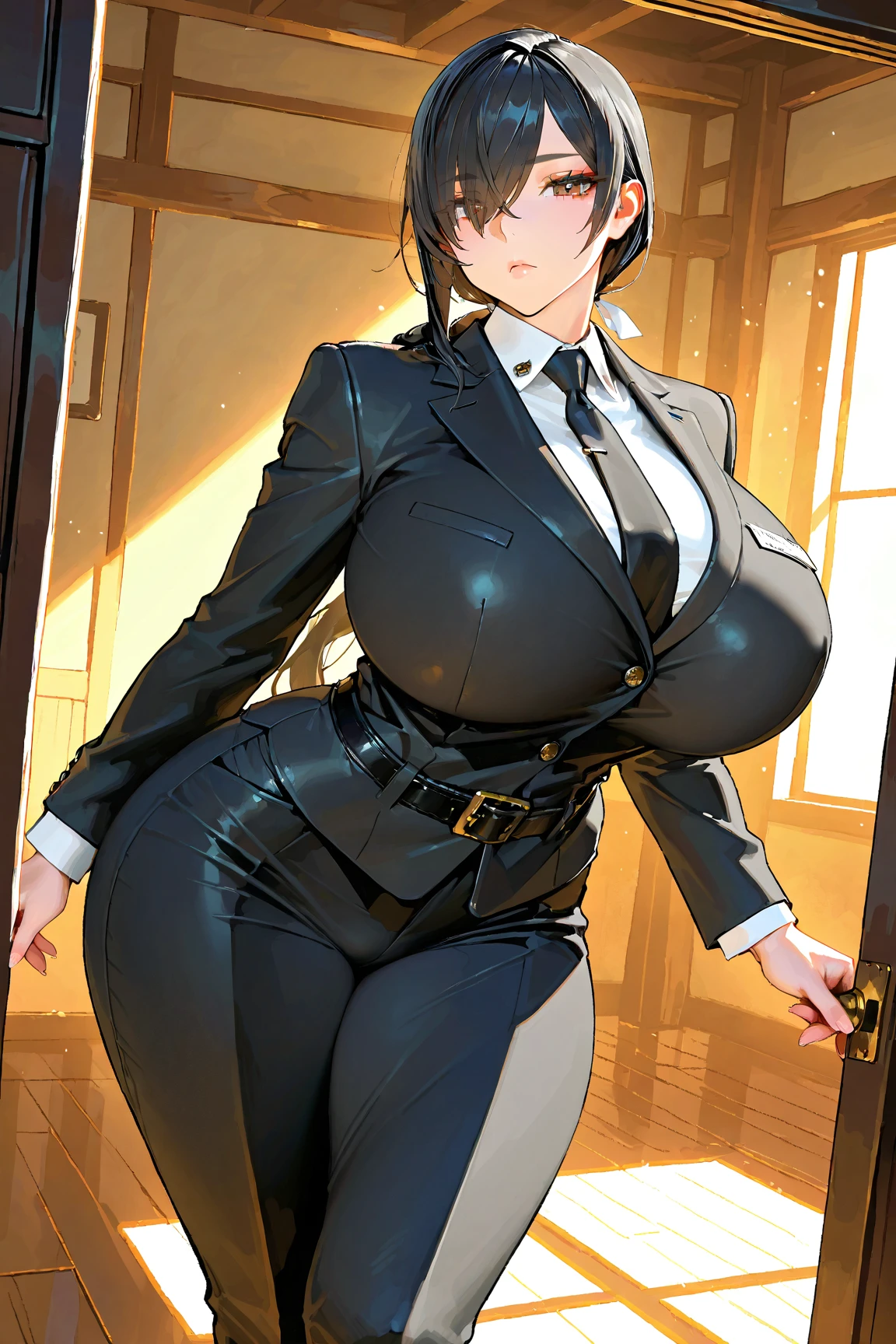 Woman, 18 Years old, Fat, Soft light, One, Black hair, Big breasts, Big ass, Black, Short hair, Full body, Seductive smirk, Office, Firefighter costume