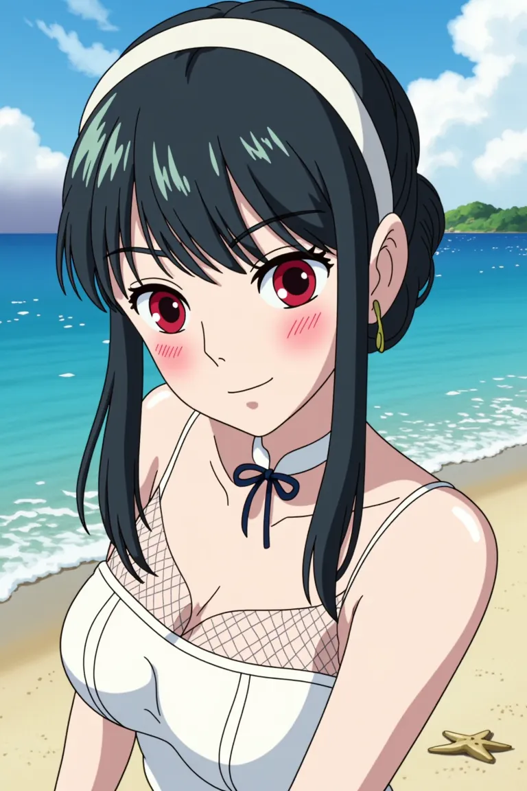 Skuld, 1girl, solo, looking at viewer, dutch angle, smile, flat chest, swimsuit, (inflatable tube), earrings, beach, blushing, playing, splashing water, in water, sunny, perfect quality, good quality, masterpiece, HDR, UHD <lora:Skuld:0.7>
