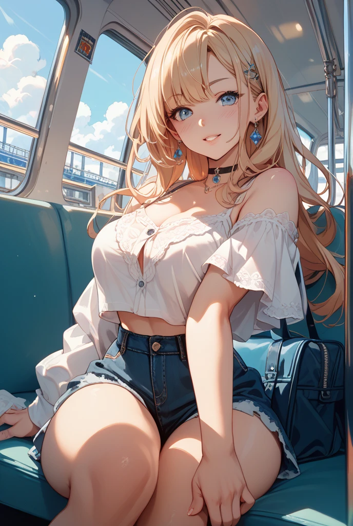 (Tabletop, highest quality, Super detailed), One Girl, Purple eyes, Blonde Hair, Dark Skin, Short Hair、Perm Hair、((Thigh-high socks))、(on the train)、((Denim it、camisole