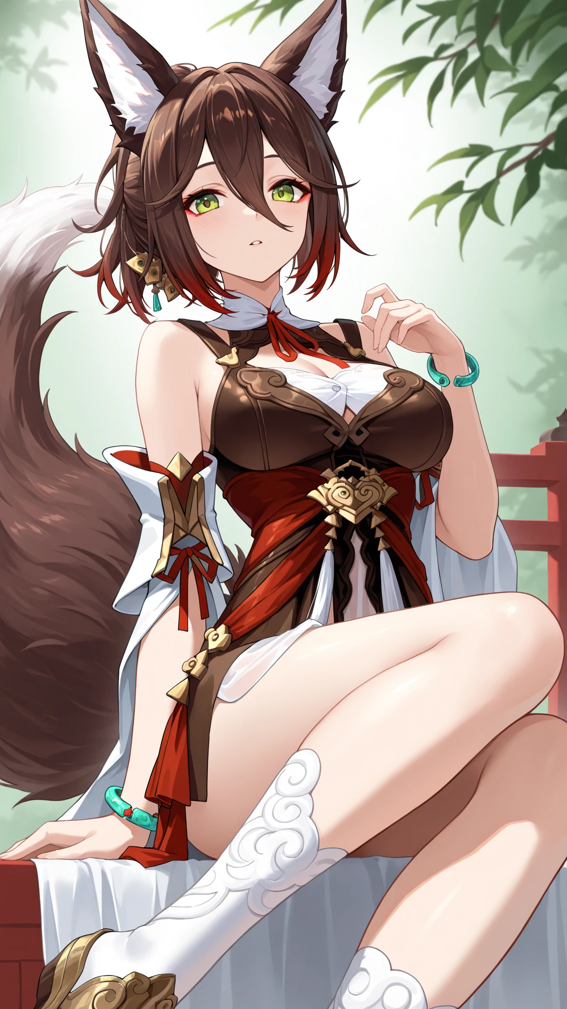 masterpiece, best quality, very aesthetic, absurdres, 1girl, mature_lady,,1girl, tingyun \(honkai: star rail\), honkai \(series\), animal ears, fox ears, green eyes, breasts, brown hair, fox girl, tail, hair between eyes, fox tail, long hair,in hot spring,Onsen,luminous butterflies, fluttering butterflies,front view