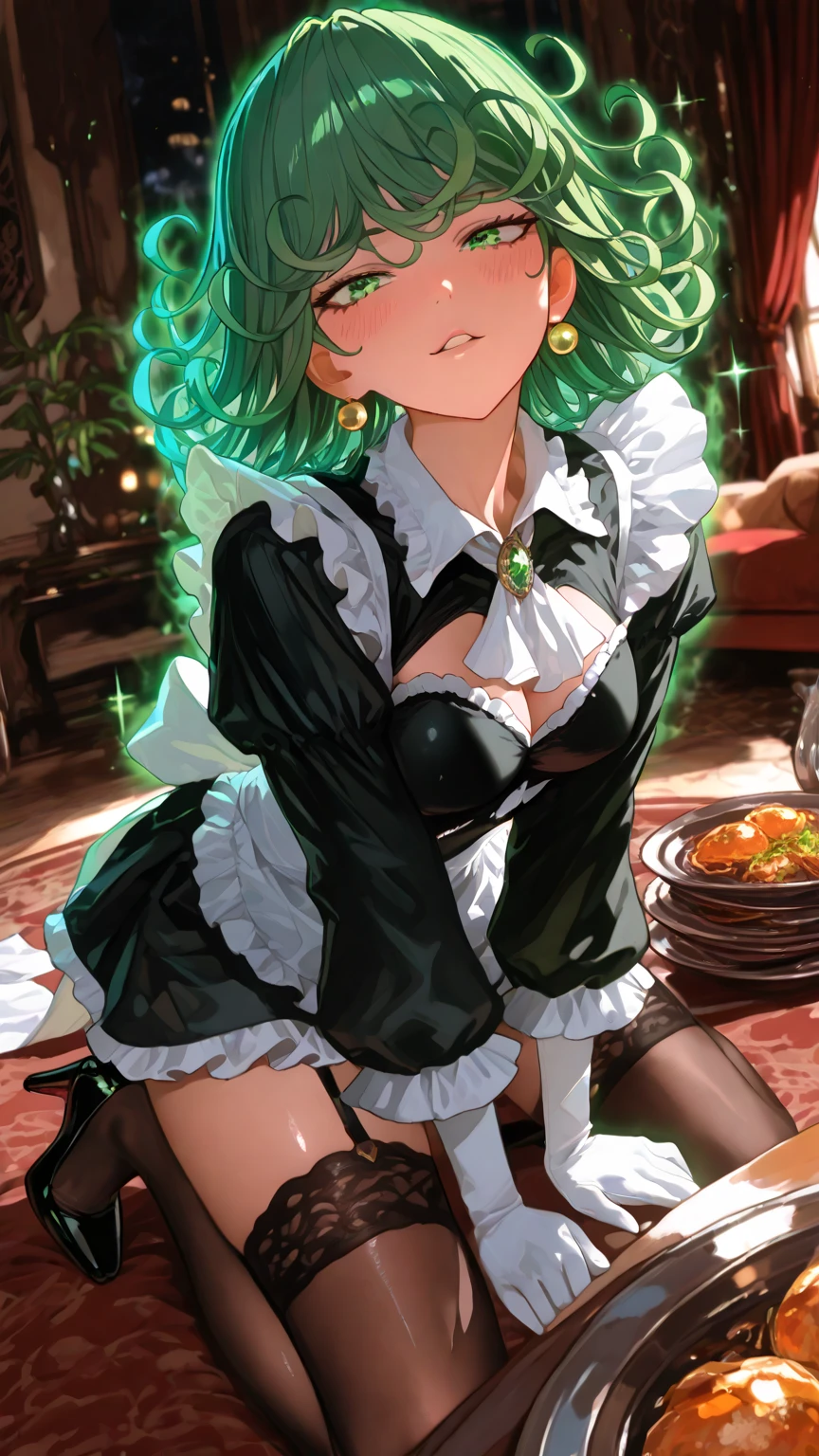 Mobius_(honkai impact 3d), bakery, holding a pastry brush, bakery utensils, cooking a cake, ornament hair, a snake girl, perfectly body, perfectly hands, wave hair, light green hair, long hair, maid, maid dress, maid headdress, maid apron, stand up close to the window, kitchen, kitchen scenery, gold lantern, black dress, more details on her clothes, black dress, golden details, night, smiling, coat, ((4k, masterpiece, top-quality)),8k, best quality, high resolution, HD, (illustration:0.8), super cute girl, delicate and beautiful face, 1girl, solo, mature girl, super cute hairstyle, (beautiful detailed eyes:1.6), extremely detailed face, perfect lighting, extremely detailed CG, (perfect hands, perfect anatomy), Best quality, cleavage, skirt, full Body,