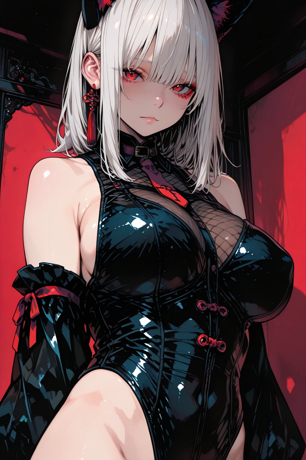 ((Masterpiece)), 1boy, white hair, red eyes, cyberpunk, Tatoo in neck, neon light, in night club