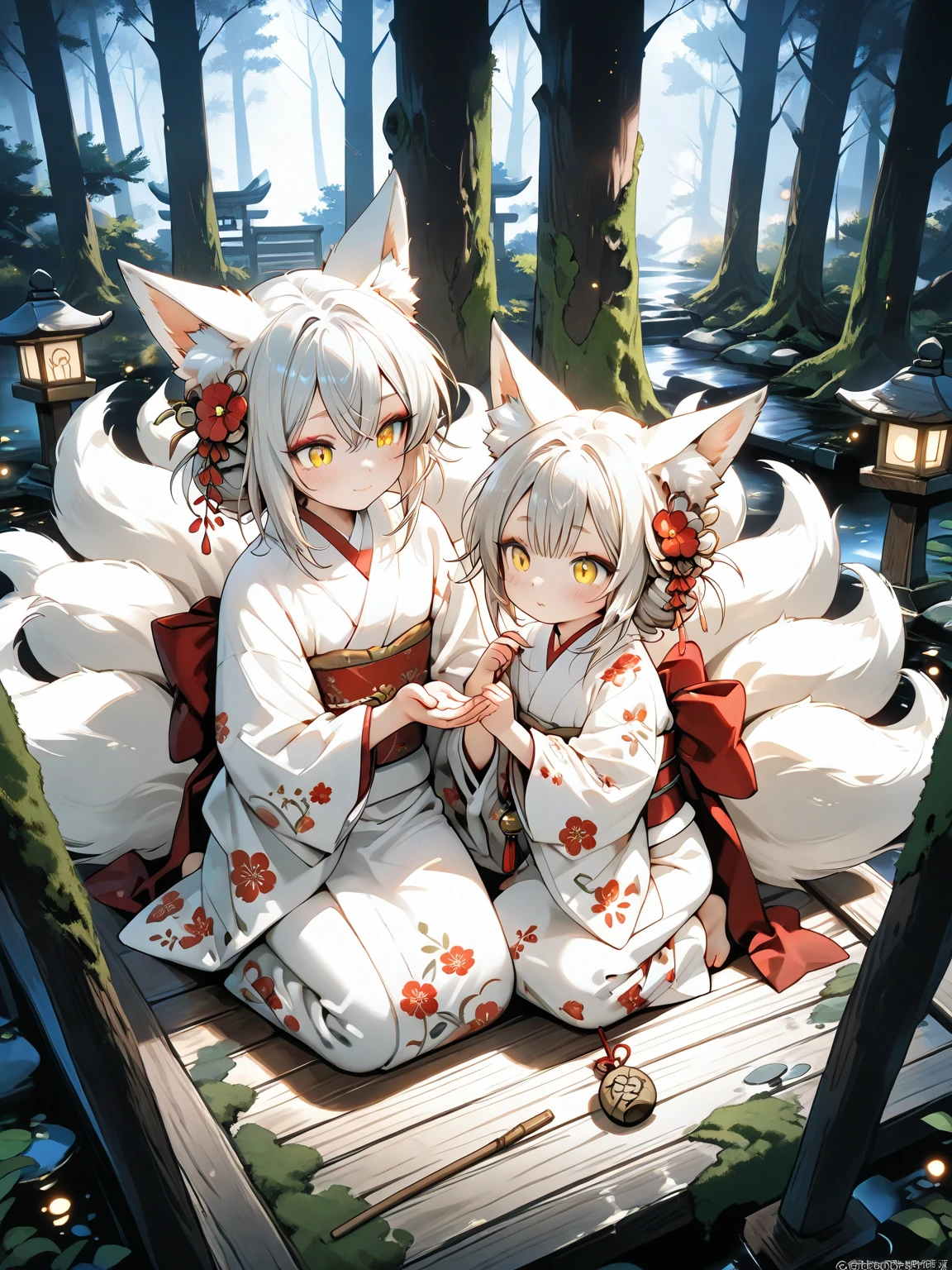 a graceful fox spirit woman kneeling beside a young child in front of an ancient forest shrine, soft morning mist surrounding them, the fox spirit wearing a white kimono with a red sash, slightly tattered edges, her long silver hair flowing gently, nine large fox tails protectively fanned around the child, warm golden light shining from a charm in the child’s hands, the fox spirit’s face gentle but with powerful eyes, from above, emotional atmosphere, moss-covered stone, sacred tranquility --v 5 --ar 3:4
