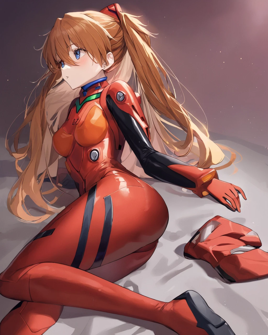 1girl, solo, (masterpiece), best quality, expressive eyes, perfect face, asuka langley soryu, (souryuu asuka langley:1.5), blue eyes, hair between eyes, headgear, interface headset, orange hair, two side up, bodysuit, long sleeves, plugsuit, red bodysuit, serious eyes, slight smile, on the floor, rest on stomach, feet up, laboratory background, looking at the viewer, full body, from from