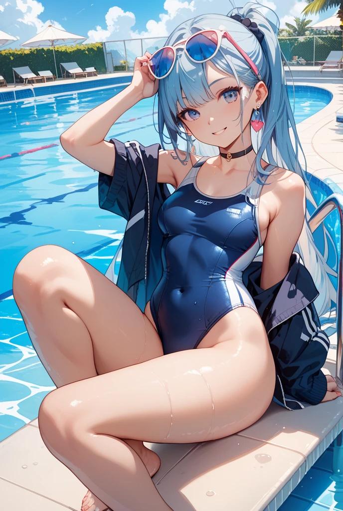 White Beret, (((Flat Chest))), camel toe:1.4, Sweat, (((long gloves:1.3))), brown loafers, black calf length socks, Open your thighs wide to the left and right, squat on the ground, show off your crotch to the viewer, ((Latex Swimsuit:1.3)), sit, spread your legs:1.3, arm behind head )), 12 years old, absurdists, Light blue long hair, flat lighting, elevation angle, sexy pose, highest quality, Complex, surreal, perspective, very detailed, detailed background, shape, 1 girl, alone, small breasts, light smile, Blue Eyes, embarrassing, blush, (((Pool side))), (Sweat), 
