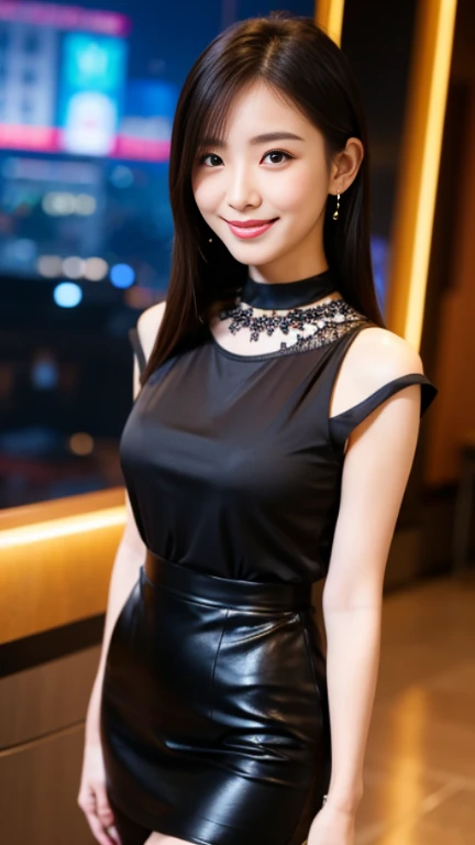 masterpiece, Highest quality, Realistic, Very detailed, Finer details, High resolution, 8k wallpaper, One beautiful woman, Wear an elegant black see-through blouse, At the entrance to a great restaurant in Omotesando, At night, Light brown hair, Perfect dynamic composition, Beautiful and beautiful eyes、Big earrings、Sleeveless shirt、(((whole body)))、(((standing smiling)))