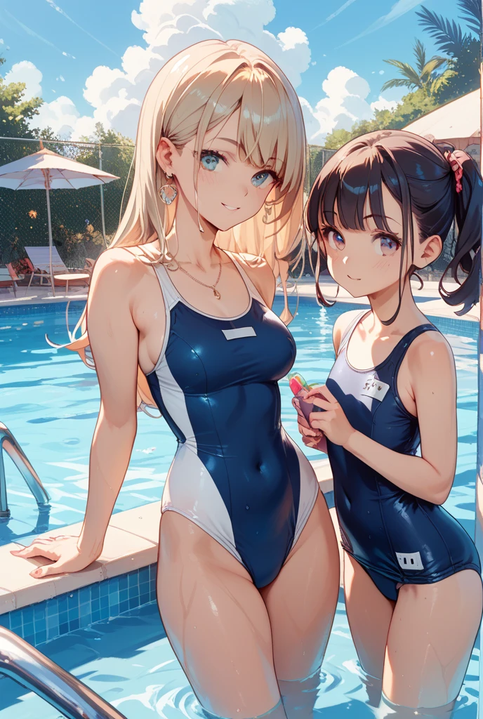 ((best quality)), ((masterpiece)), ((detailed)), (((perfect faces))), (((crowd of teen girls in dark blue swimsuits))), (((standing beside pool))), (((indoor swimming pool))), (((smirking, laughing))), (((looking at viewer)))