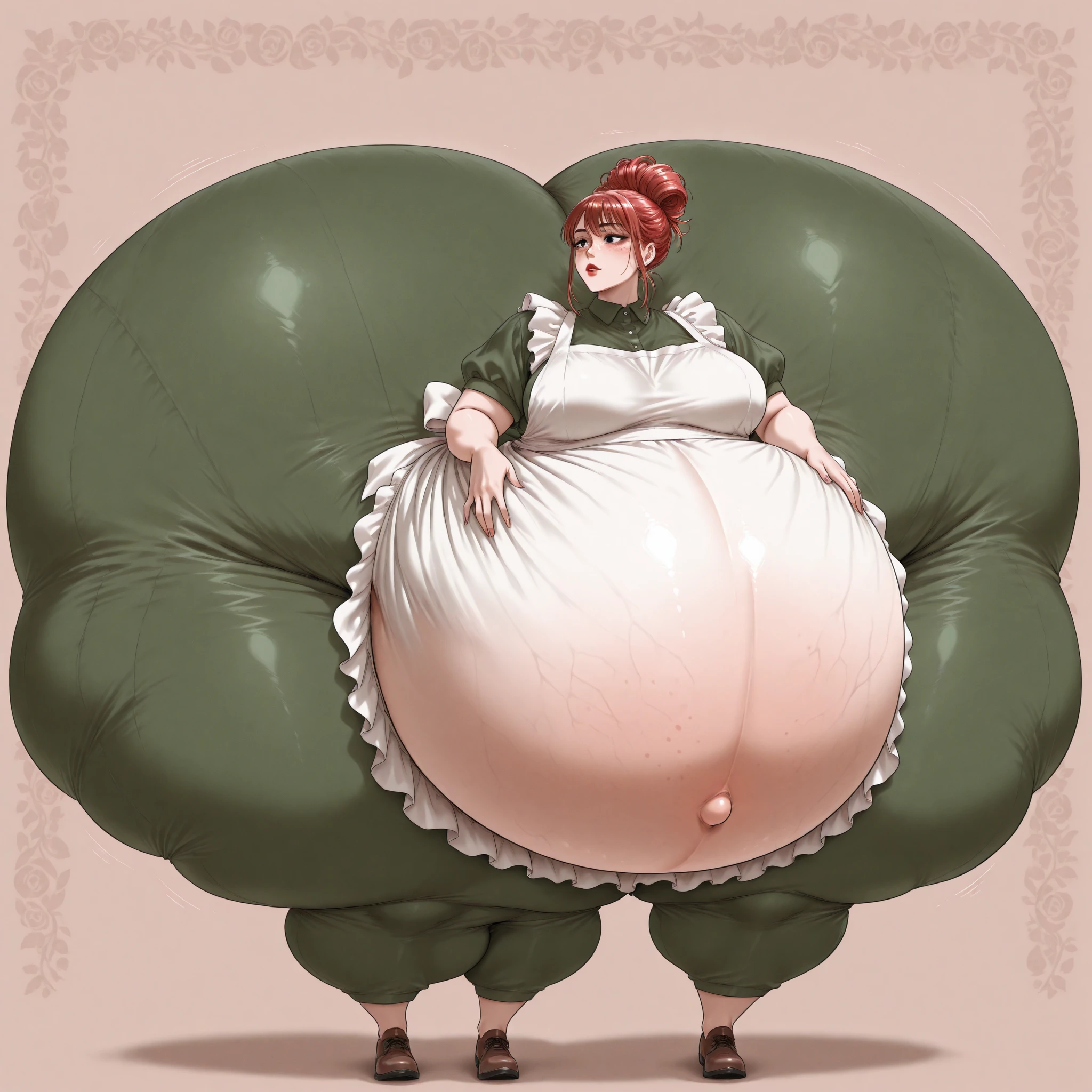 Masterpiece, best quality, obese tohru \ (maidragon \), black dress maid, obese body, fat belly, fat arms, big butt, rubbing belly, dragon tail