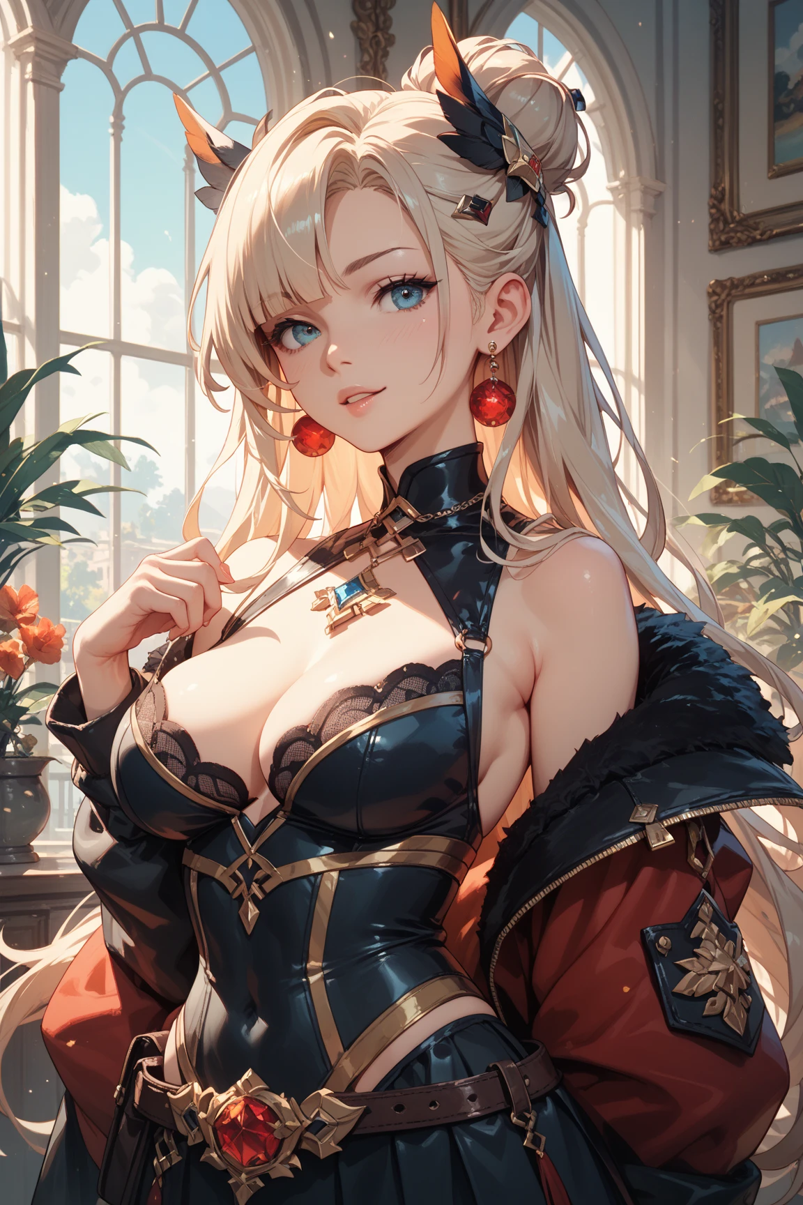 Young Girls, Long blond hair, 特写Cleavage]]]]Huge long saggy breasts, Cleavage, The chest is more exposed with hairpins and ties, Turquoise eyes, Gangster Tattoo, Red tights, sleeveless, Wide neckline from chest to abdomen, Gold element, Red Gold Armor, shorts, paw, giggle, masterpiece, high quality, 4K, HD, The details are good