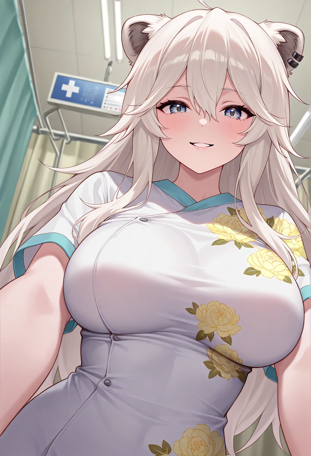 One woman、27-year-old female、Huge breasts:1.3、sagging breast:1.3、School nurse&#39;s office、Health teacher、Brown Hair、ponytail、Blue eyes、Sit in a swivel chair、White、