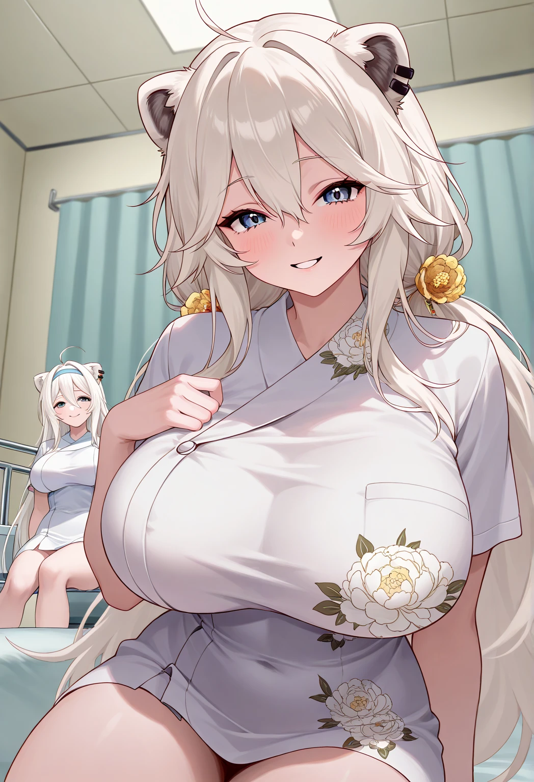 (8k, highest quality, masterpiece),(Realistic, RAW Photos, Super Fine Clear), Realistic Light, Detailed skin, (1 beautiful lady with a slim body, Age 25:1.5), Thin legs, fine grain, wavy Long white hair, Detailed fingers, thin, Sexual, Expressions of Ecstasy, (huge bouncing firm bust:1.4), (wearing Japanese traditional kimono:1.2),(The chest of kimono is widely open:1.3), (peach trees, peach flower garden, Flower Storm:1.2)