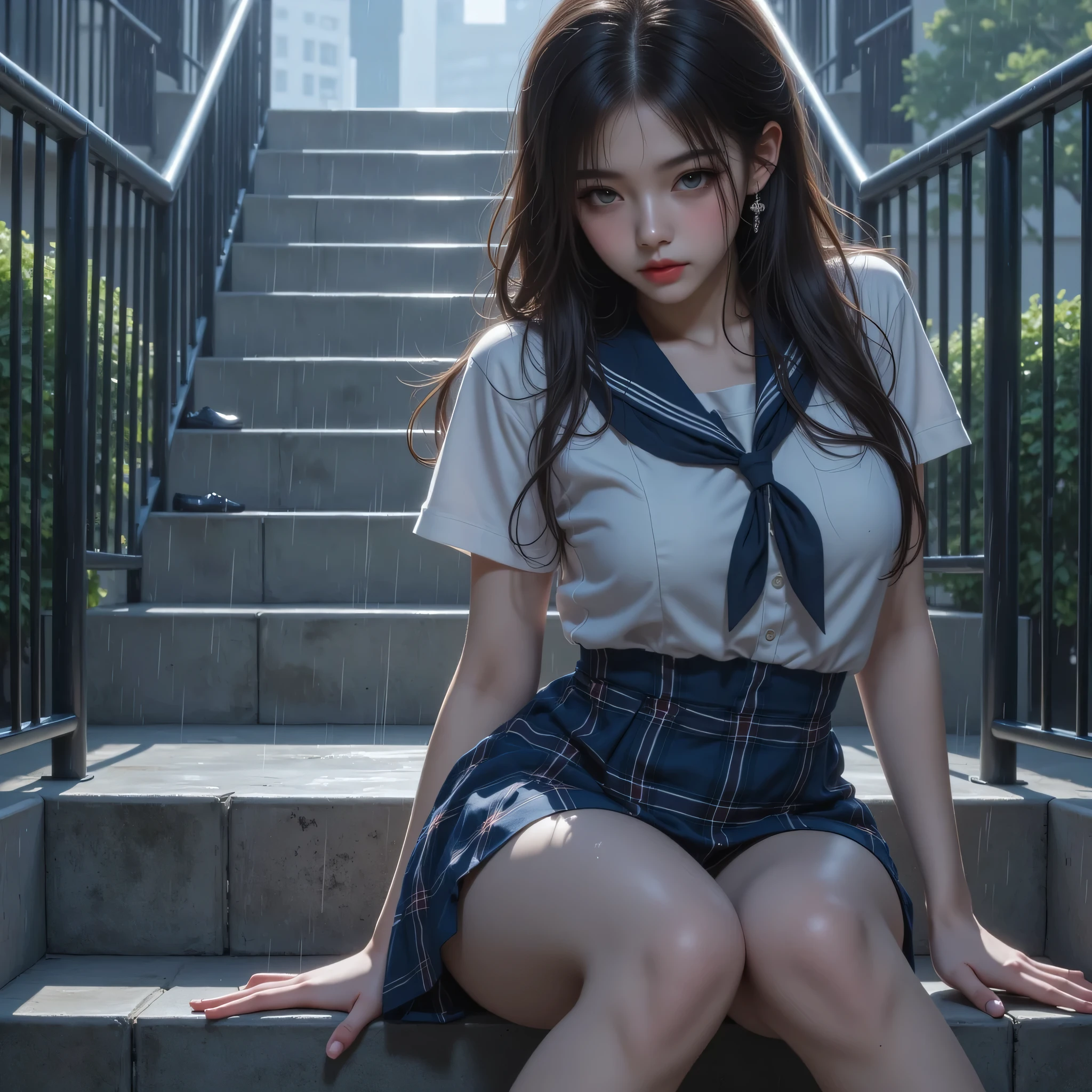 Highest quality,Ultra-detailed,masterpiece,Realistic,8K,Photo realistic,(Shine a light on my face、Bright lighting:1.4),One Girl, Very beautiful 17 year old girl, (cute:1.2),A faint smile, (Brown eyes),(Brown haired),(Bans),Perfect glowing skin,Perfect Skin,((erotic,Sexy and sexually explicit)),((Accurate needles without discomfort)), (Big Breasts:1.2),Big breasts and small waist, Look at the viewers,((Sailor suit)),((Short sleeve uniform white shirt)),(Red tie),(Plaid mini pleated skirt),(Lifted it himself),(Showing panties),Wearing panties,Panty Focus,(get up,Spread your legs), socks, (Black knee socks),(Loafer shoes), (night,Metropolis,Skyscrapers、Shibuya 109、intersection:1.4)、(From below:1.4)