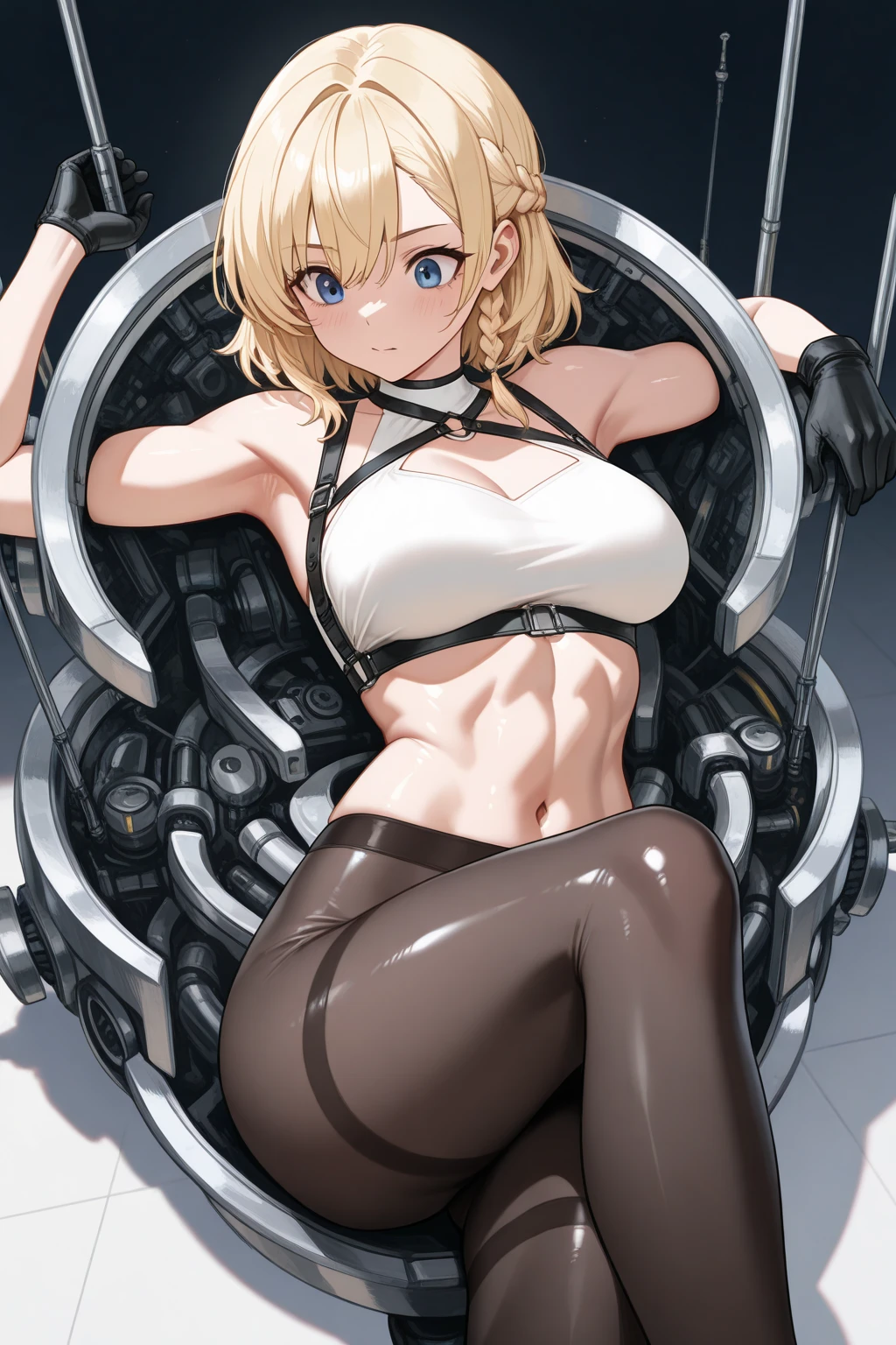 1girl, large breasts, thighhighs,solo, thigh boots, black skirt, black footwear, (((masterpiece,high resolution,best quality))), solo, blonde hair, on back, looking at viewer, open mouth, solo, blush, wet clothes, heart, arms up, wet, huge breasts, short hair, pervert, white panties, himiko toga, bdsm, shibari, restraint, bondage ropes, rope, tied up, restrained body