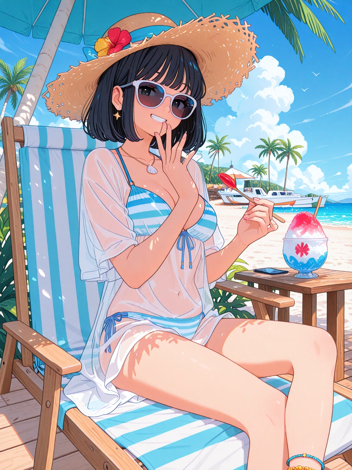 anime girl, brown hair, hair bun , black bikini, choker, beach, large breasts, straw hat, high heels, jacket,eating a lollipop, beach, sunglasses, legs crossed