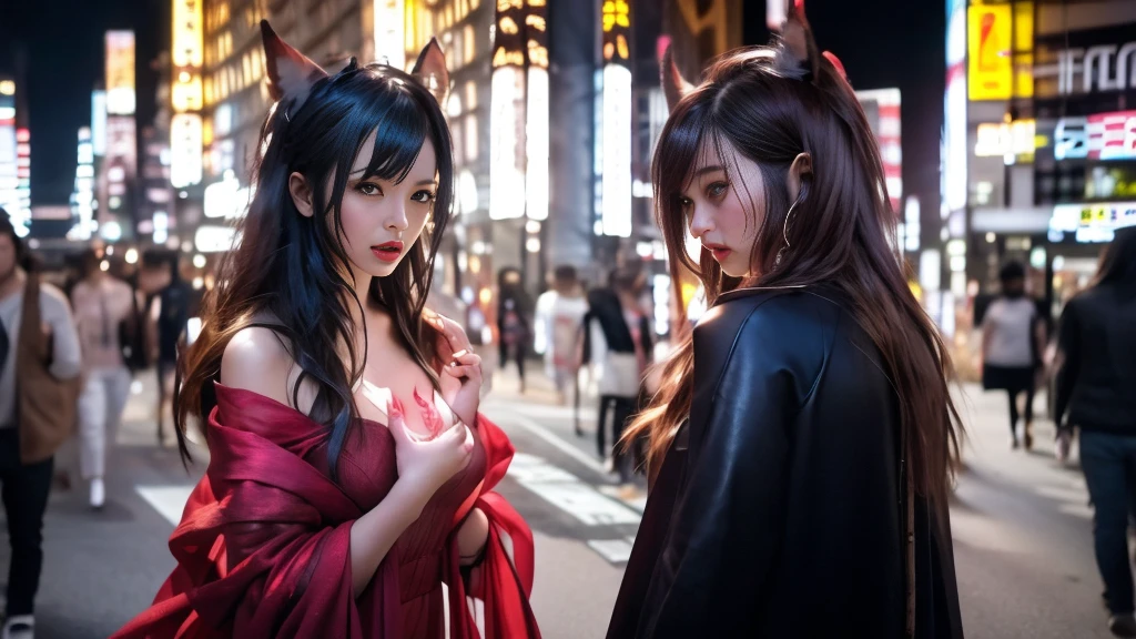 nsfw, Masterpiece、Highest quality、Two Women、A beautiful girl seduced by a sexy female vampire、Innocent cute face、Naked with a black cloak、Super huge beautiful breasts、Pink nipples、Perfect Style、Biting the neck、reach sexual ecstasy、Back alley at night