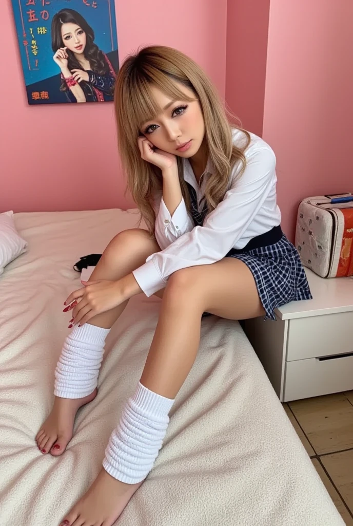 ((Sit on the chair at the desk:1.2)),((Pants visible from under the desk:1.2)),Chair、((Sit on a chair and spread your legs:1.3))、Gal, (Anatomically correct,),masterpiece, highest quality, RAW Photos, Realistic, face, Unbelievably ridiculous, Beautiful girls, cute, Blunt bangs, Written boundary depth, High resolution, Super detailed, detailed, ighly detailedd, extremely detailedd eye and face, Realistic student, Cinema Lighting, pale and tanned skin,alone,woman,(Wavy Hair,blonde),(panties), (Short-sleeved sailor uniform:1.2),loose socks, Glamour, Big Breasts,Sunburn marks on tanned skin