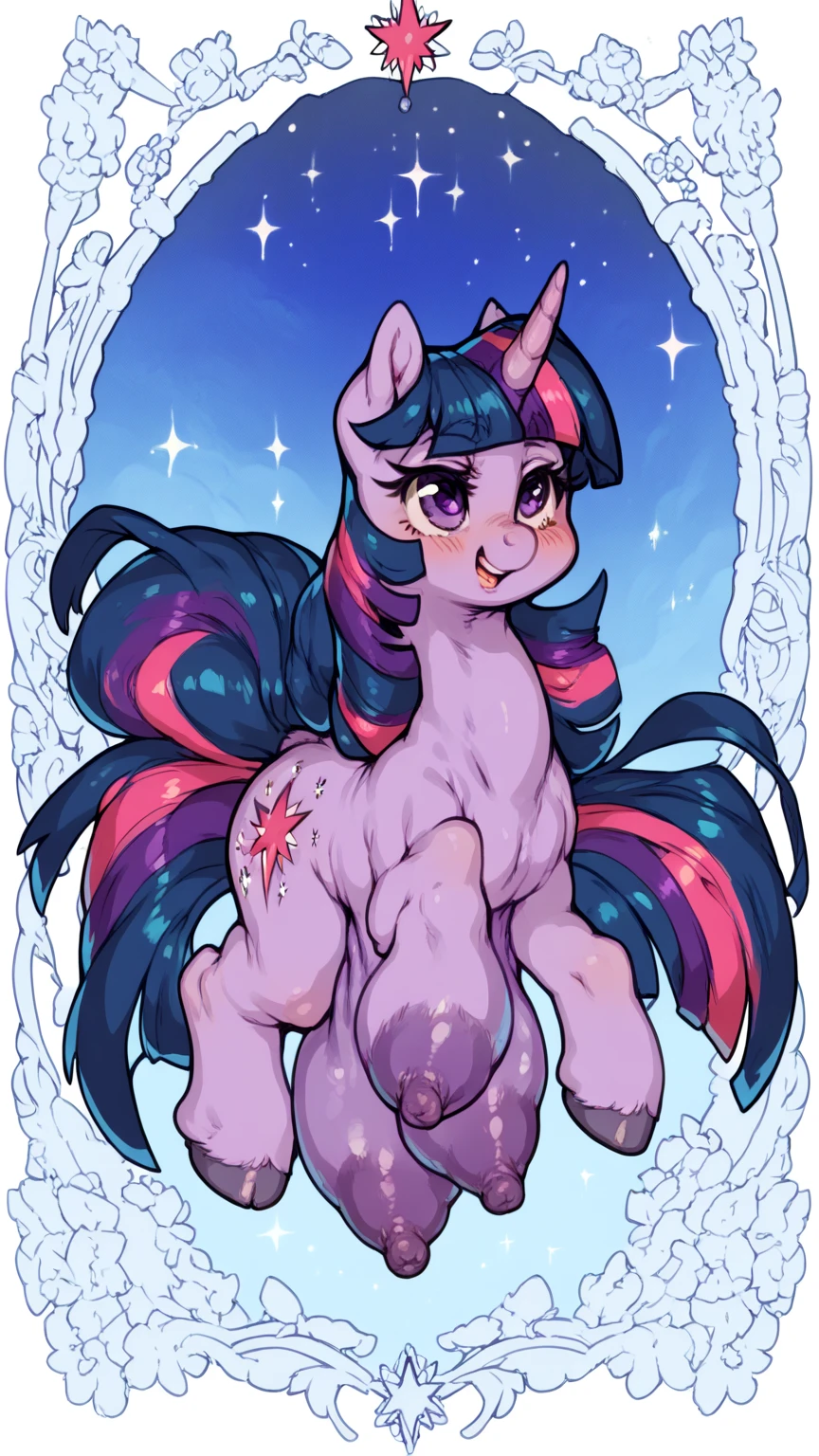 Twilight Sparkle, female pony, wearing black glasses, ponytail, evil smug grin, naked, big udders, lactation, full body, in the living room