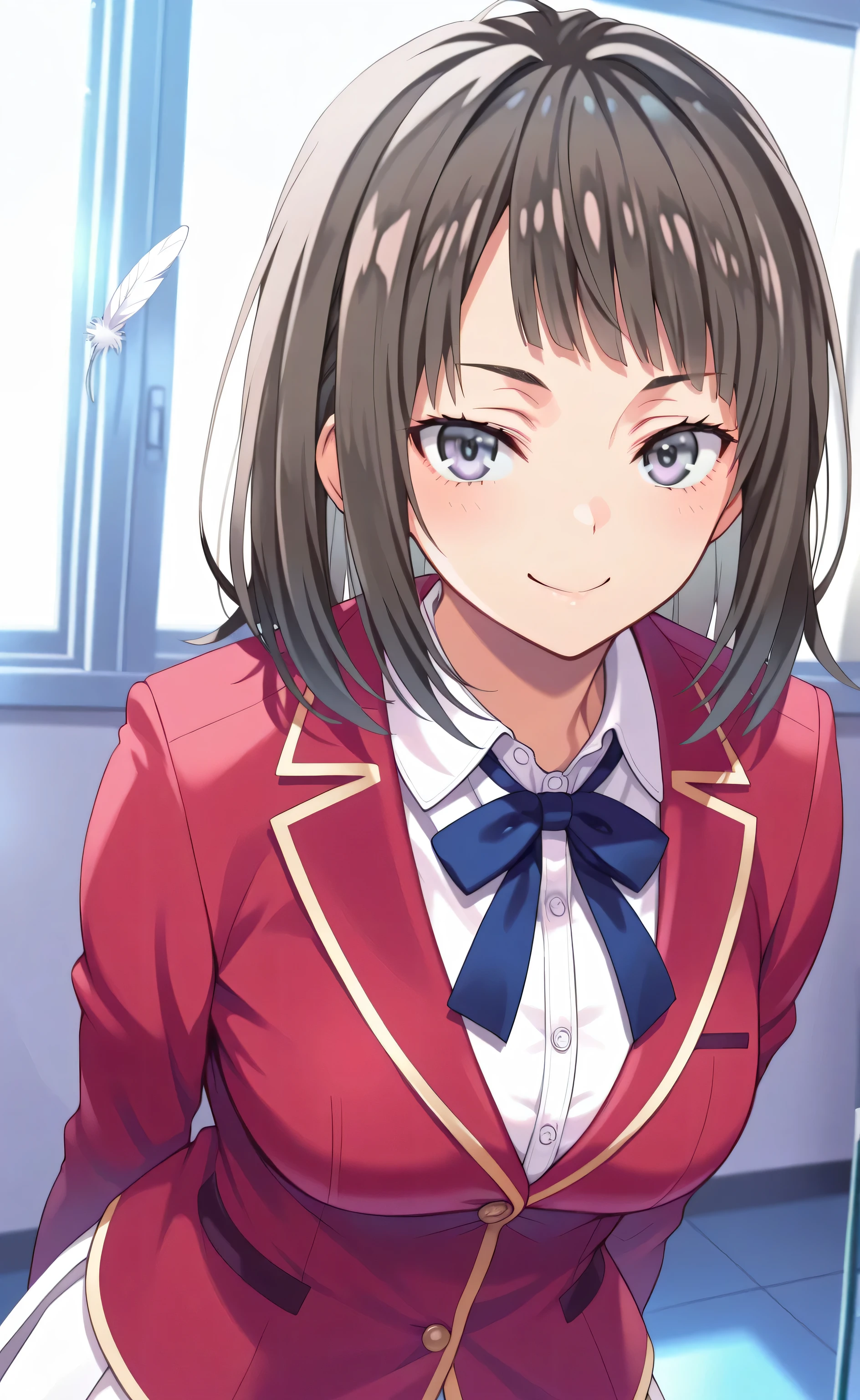 1female,solo,Haruno Yukinoshita,black hair,medium hair,himecut hair,purple eyes,cute,smile,big chest,red blazer,white shirt,blue ribbon,white skirt,school,white feather,