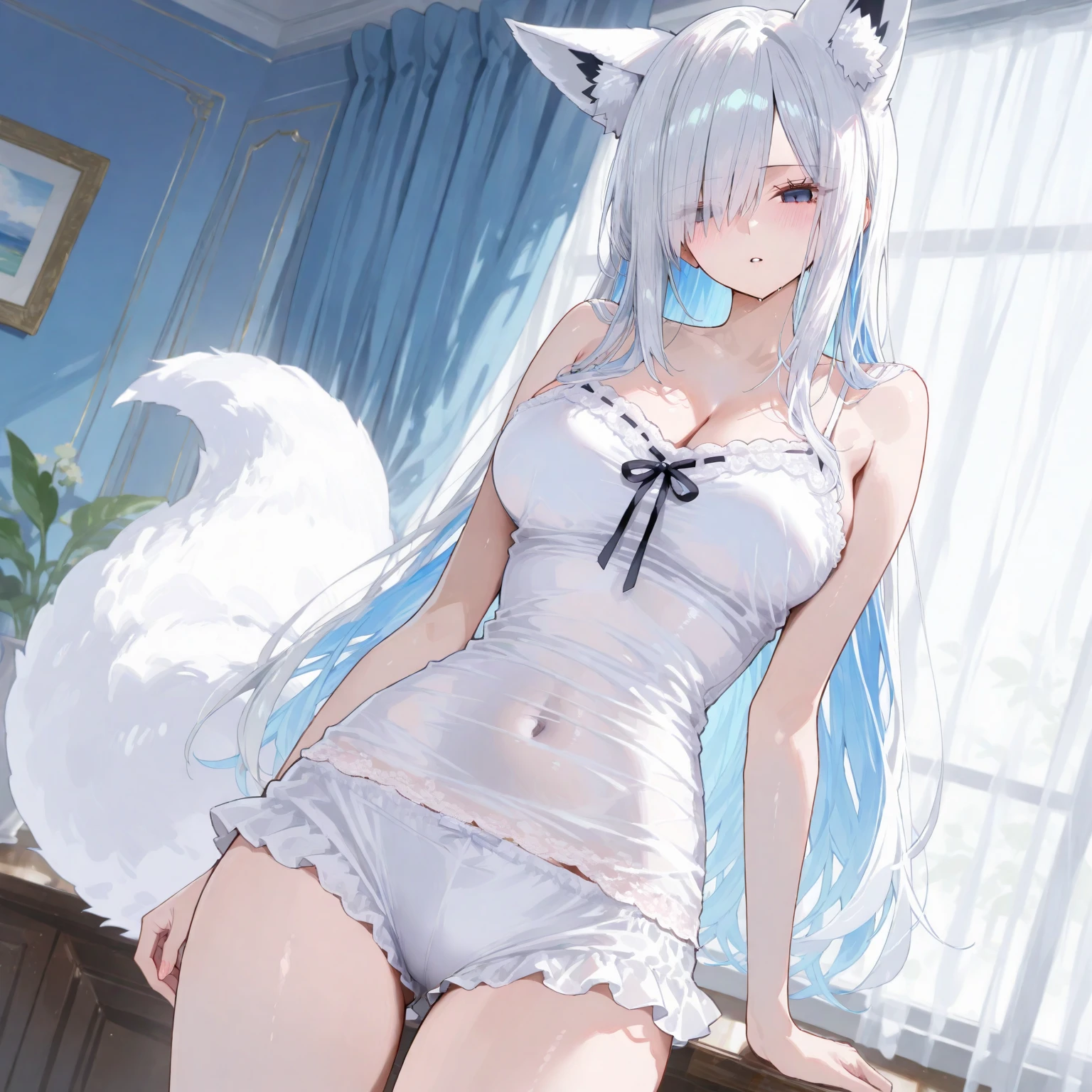 masterpiece、top-quality、1girl in。(bathrobe:1.2), white  hair,Red Eyes,(mare:0.8), (Fantastical:0.7), (A smile:0.8),fox ear,salon,wear bra, wear dress , wet clothes,wet hanging,salon, perfect body, perfect breast,((blush on: 1.2)),((fox-tails:1)), perfect big fox-tails, crop top, ((white legwear)),hair bobbles, tights, recumbent on the bed, hot, girl below, looking up,(( Wear dress)), white suit,((wet:1.3)), neckline, navel, t-shirt, ((bra)), clothes lift, tights, perfect face,((peeing:1.4)),wear pantie