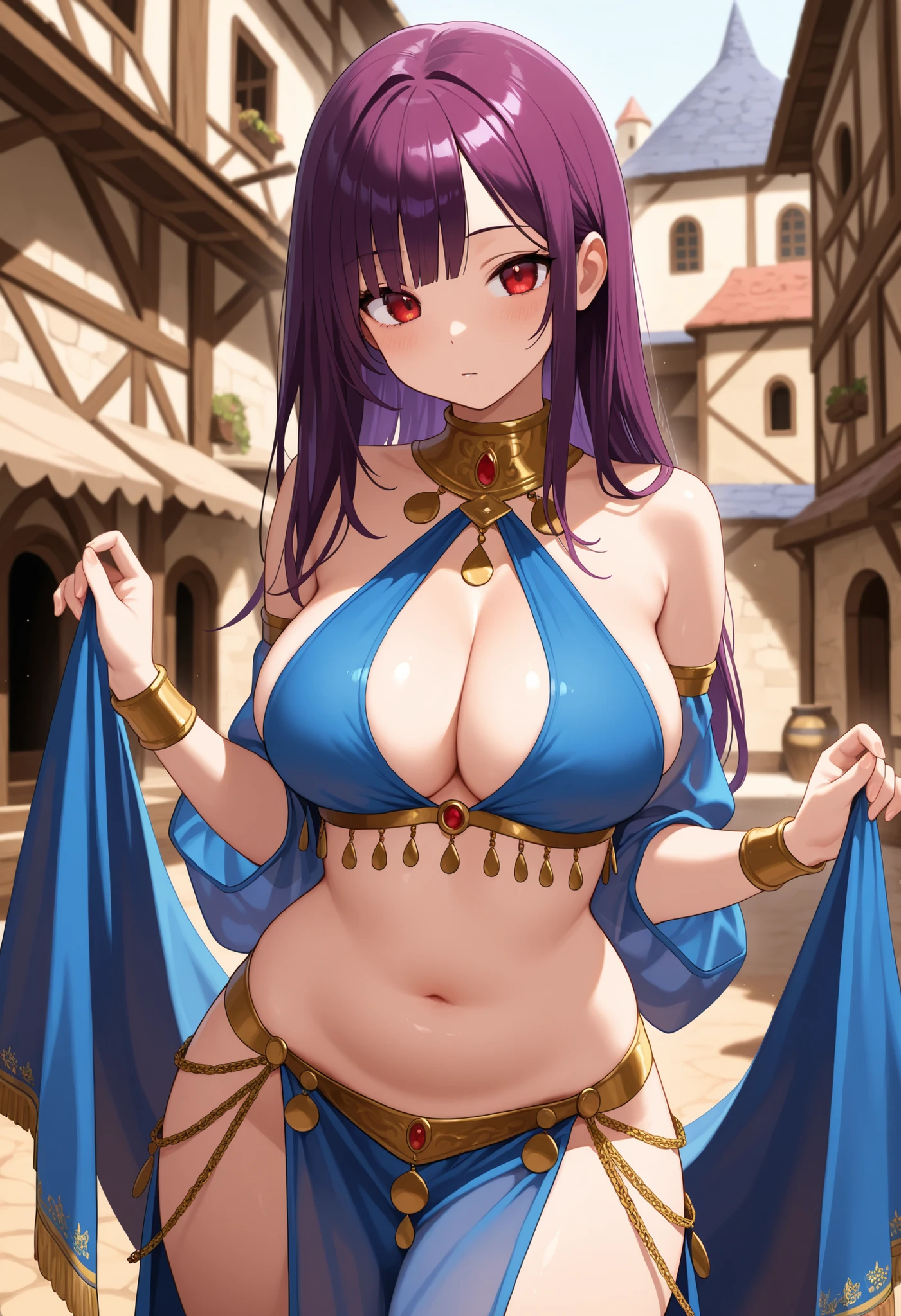 high quality, ultra detailed, best quality, insanely detailed, beautiful, masterpiece, 1girl, plaza, medieval Europe, cowboy shot, red eyes, long hair, light purple hair, (belly dancer, harem outfit, pelvic curtain:1.2), purple costume, bare legs, circlet, earrings, armlets, bracelets, bashful smile, dancing, large breasts, cleavage, soft stomach