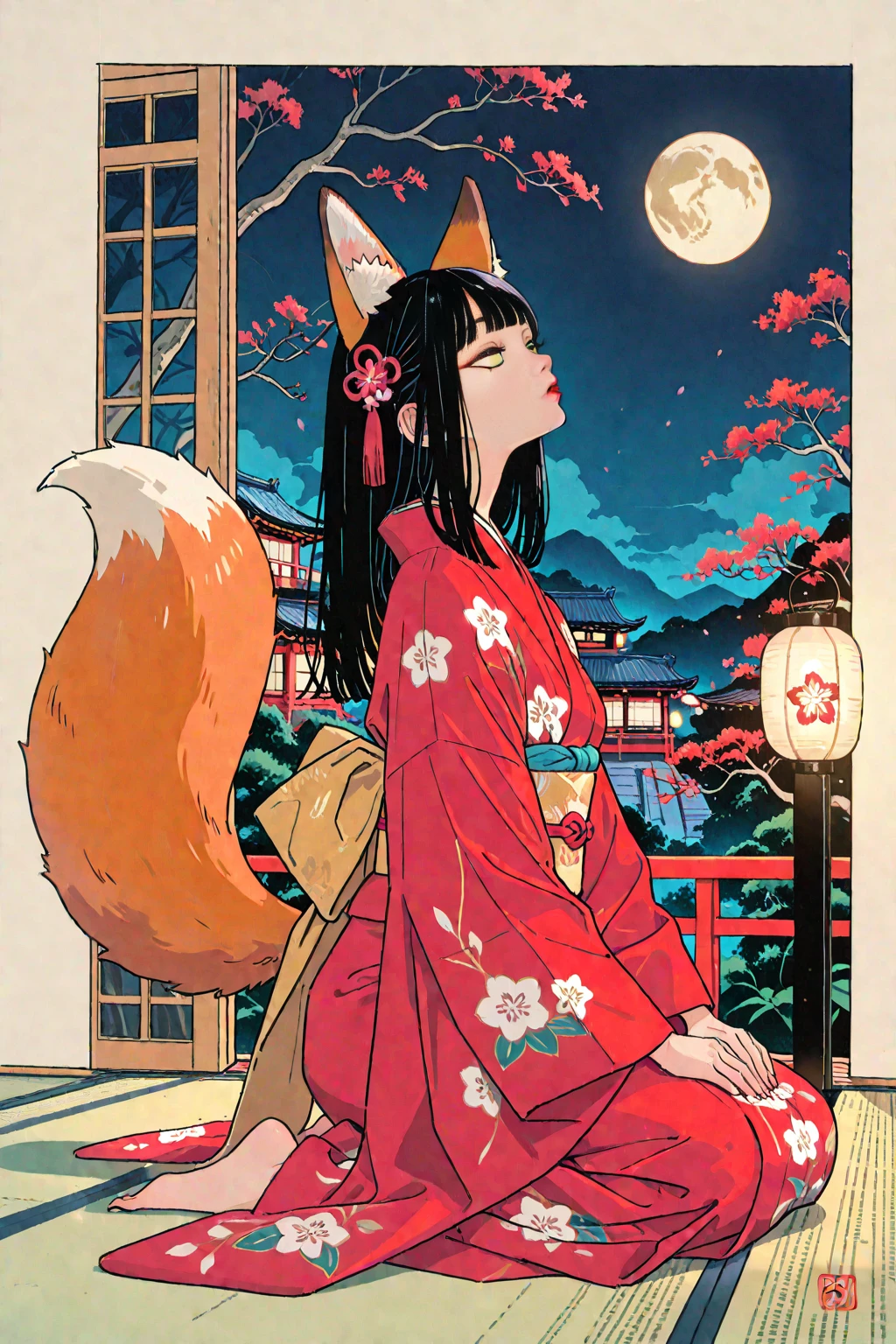 breathtaking comic minimalistic artwork, (hand drawn, comic:1.2) intricately detailed linework, vibrant colors, a sexy cat girl, kitsune, open kimono, erotic, in a derelict shinto shrine, dark and dim, line art, cell shading . graphic illustration, comic art, graphic novel art, vibrant, highly detailed . award-winning, professional, highly detailed