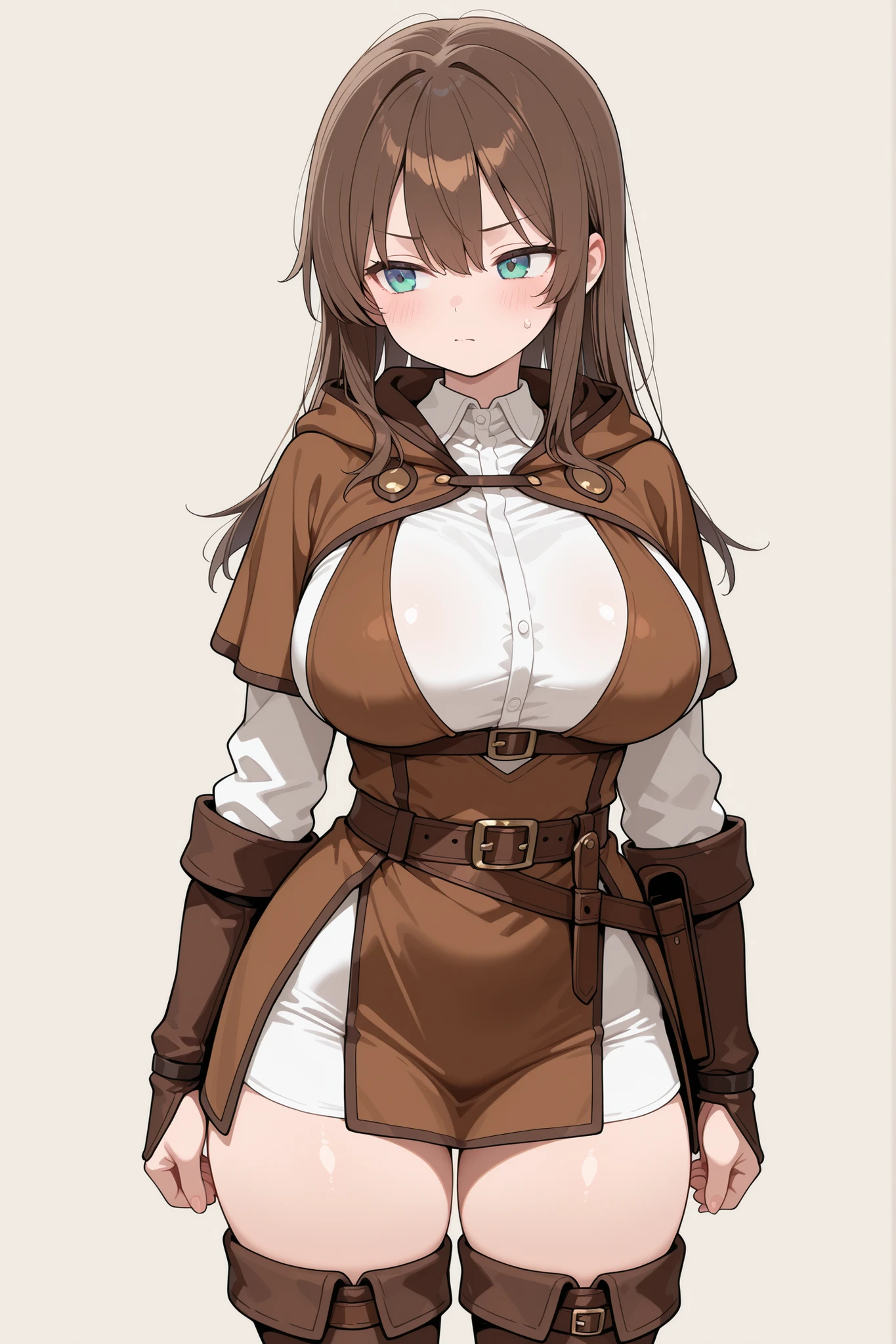 young small short girl, solo, large breasts, long hair, standing, brown adventurer outfit, simple background, confident, 
