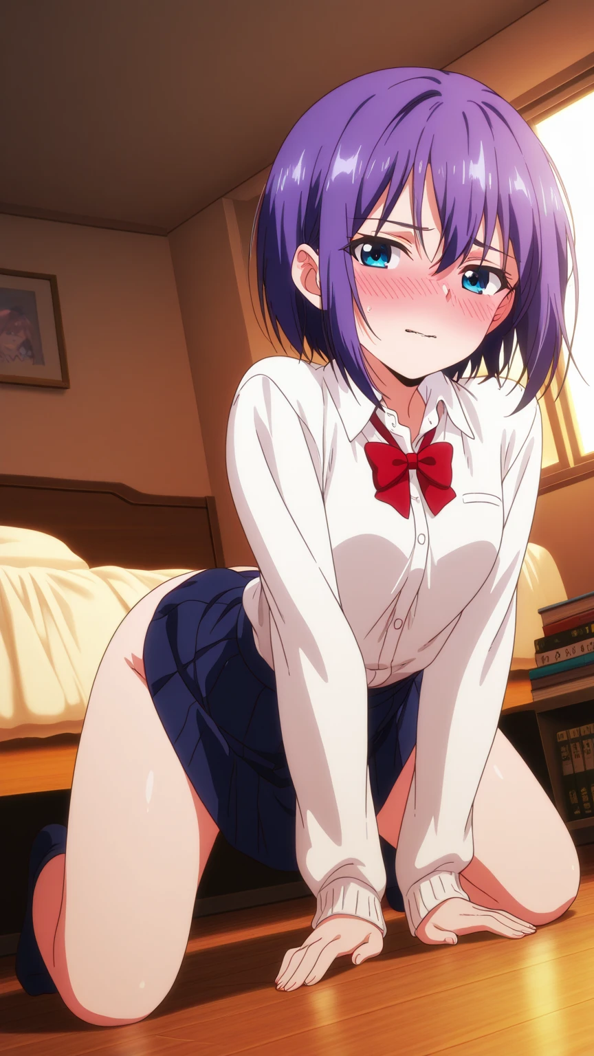 Girl dressed in black and white gothic lolita with stockings, blue hair, Red eyes, short skirt with small breasts, pink display in the room, high quality 2k masterpiece.