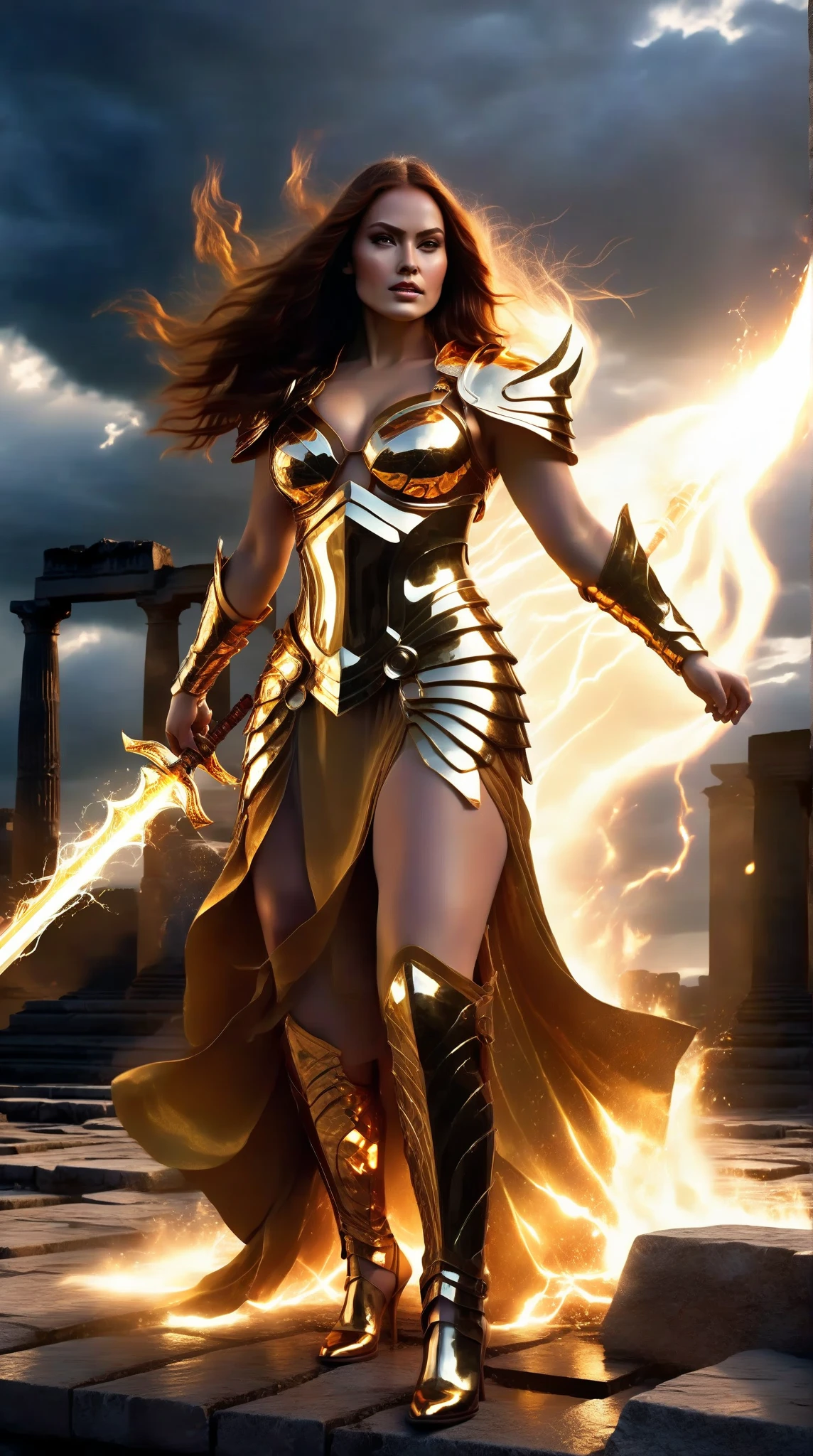 Goddess of War,dong,Golden armor,complex patterns,greek temple,The background is a starry sky,(skin indentation:1.5), realisticlying, realisticlying, (Masterpiece:1.5), concept-art, intricately details, highly detailed, realisticlying, rendering by octane, 8K, unreal-engine, dynamicposes, Best quality at best, A high resolution, (photorealiscic face:1.1), (Hyper-realistic:1.1), ((full_Body)), perfect eyes,(shiny skins:1.2),Cast lightning, eletric, rotating flame, Radiant force, spark of light, smog, magia, ((Dramatic)), Epic, battlefiled, depth of fields, Background bokeh, 4K, gotik, ashes, Particle,
