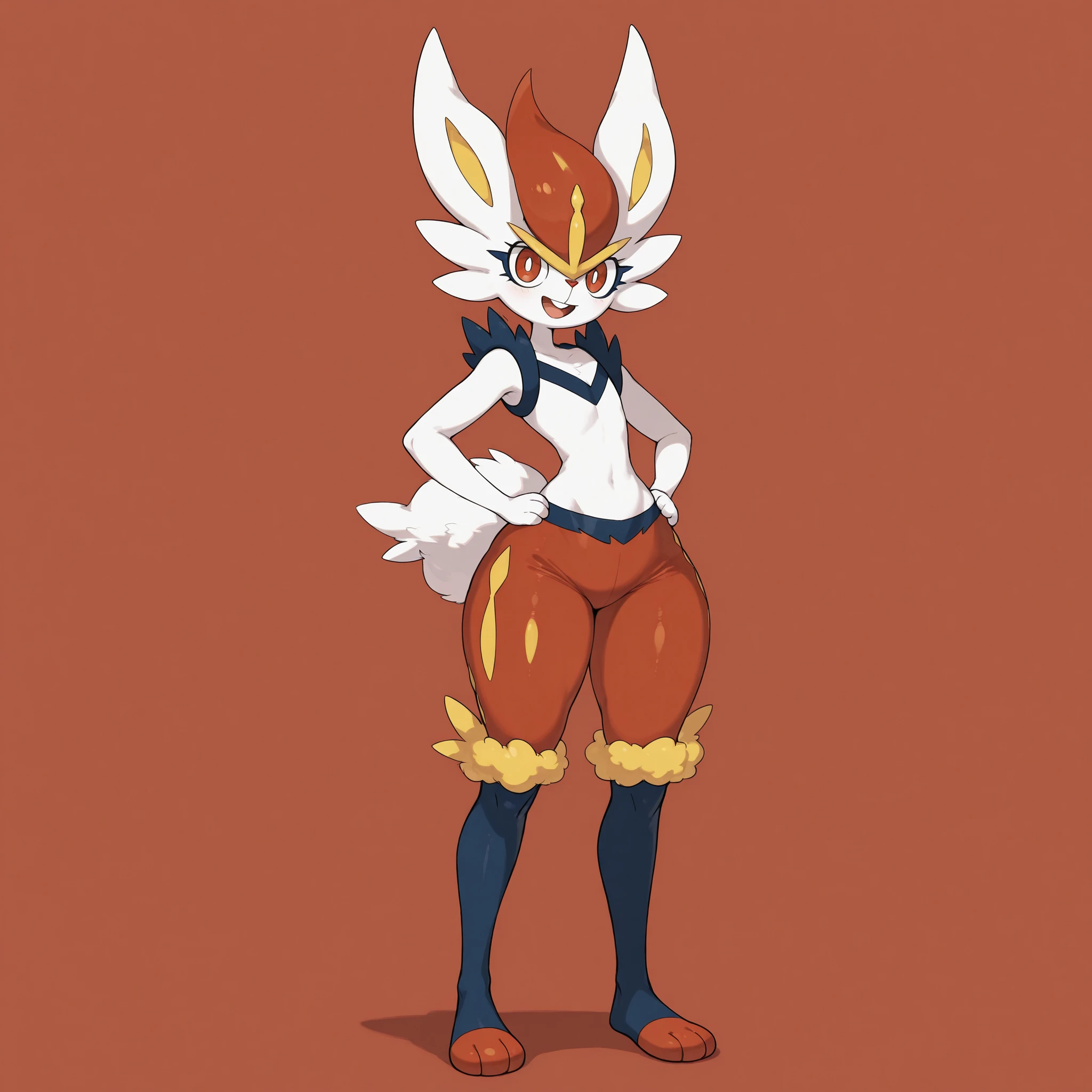 masterpiece, ultra-HD, impressionism, high detail, best quality, very aesthetic, 8k, best quality, beautiful, cinderace_(pokemon), 1girl, solo, pokemon (creature), anthro furry, white fur, fluffy tail, rabbit ears, red eyes, eyelashes, flat chest, narrow waist, wide hips, thick thighs, slim, buck teeth, red shorts, smile, open mouth, full body, hands on hips, standing, looking at viewer, simple background, front view