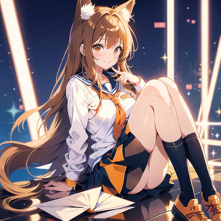 One girl, Brown Hair, ponytail, Large Breasts, smile, ribbon hair accessories, Anime Style, Cat ear,