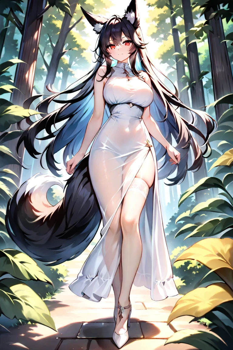 high detail, super detail, super high resolution, high quality. Extremely sexy and beautiful girl, with a beautiful face, wide and beautiful lips, lascivious smile, White skin, blue eyes, curvy body, beautiful feet and thighs, long black hair, white fox ears and fox tail, short dress, transparent dress, shows a lot of skin, It&#39;s low-cut. sitting, showing legs, crossed legs, showing feet. He wears a shackle and chains around his neck., on the hands and ankles. barefoot, feet on camera, big breasts, correct pie anatomy, foot anatomy, sexy pie, pies, Detailed feet, correct pie anatomy, detailed thighs, detailed curves, detailed breasts and body. very wet, wet clothes, clothing fabric marking your body more.
