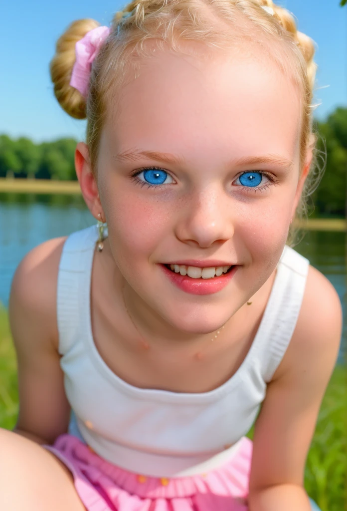 1female，age 5，bit girl，Small ，solo, (Background with：city park，bright park, ）, dynamic angle, ultra detailed, illustration, close-up, straight, only 1 girl, She has blonde hair，（（tmasterpiece），（Very detailed CG unity 8K wallpaper），best qualtiy，cinematic lighting，detailed background，beatiful detailed eyes，Bright pupils，Blue eyes，（Very fine and beautiful），（Beautiful and detailed eye description），ultra - detailed，tmasterpiece，）），A high resolution，ultra - detailed），Flushed complexion，Smile，Desire for dissatisfaction，elementary student，（Wearing：short sundress）, (dress in red color, beauty, vivacious, lovely, slim body, flat torso) , revealing panties [[delicate fingers and hands:0.55]::0.85],(detail of fingers))), full body view, sitting, ass