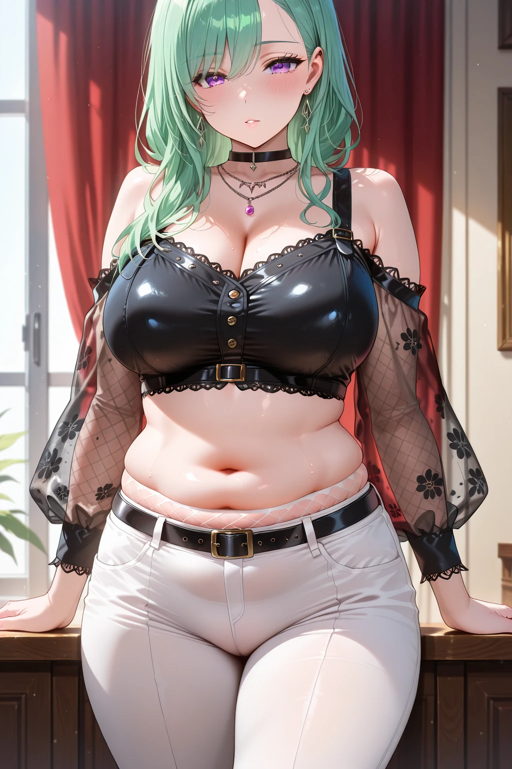 photorealistic, high resolution, soft light,1women, solo, wide hips, (detailed face),tattoo, jewelry, , , blue and green hair Color , (closeup), wide angle,, (busty), armpit , Slightly fat belly, large breasts, full body angle, 40 years old woman , thick thighs , thick arms , standing in dark rooms, short pants, wearing a three bracelet, wearing two diamond necklace , wearing a watch, wearing airmax shoes , japanese goddess, wavyshort hairstyle, fat belly, thick fat belly, thick wide hips, thick arm, bbwchan, massive arm, full body,