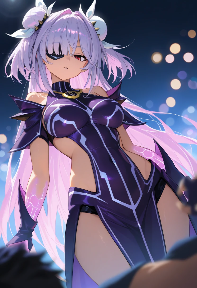 masterpiece, best quality, solo, standing, melfina, light purple hair,  blue eyes, black hairband, holding polearm, latex armor, black armor, bare shoulders, groin, black headgear, night sky background <lora:melfina-animaginexl-1:0.6>